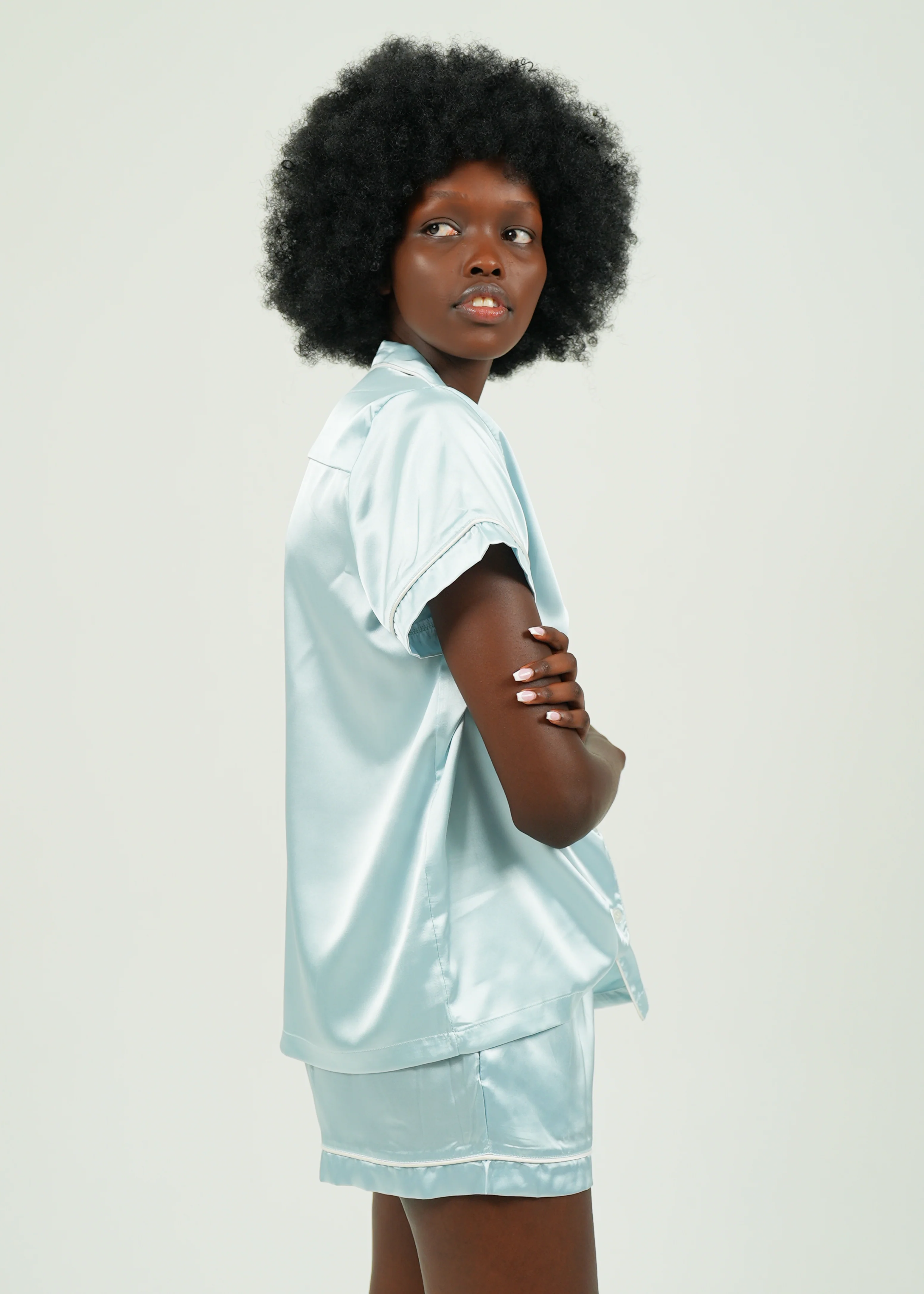 Womens Baby Blue Satin Short Pajama Set - Image 3