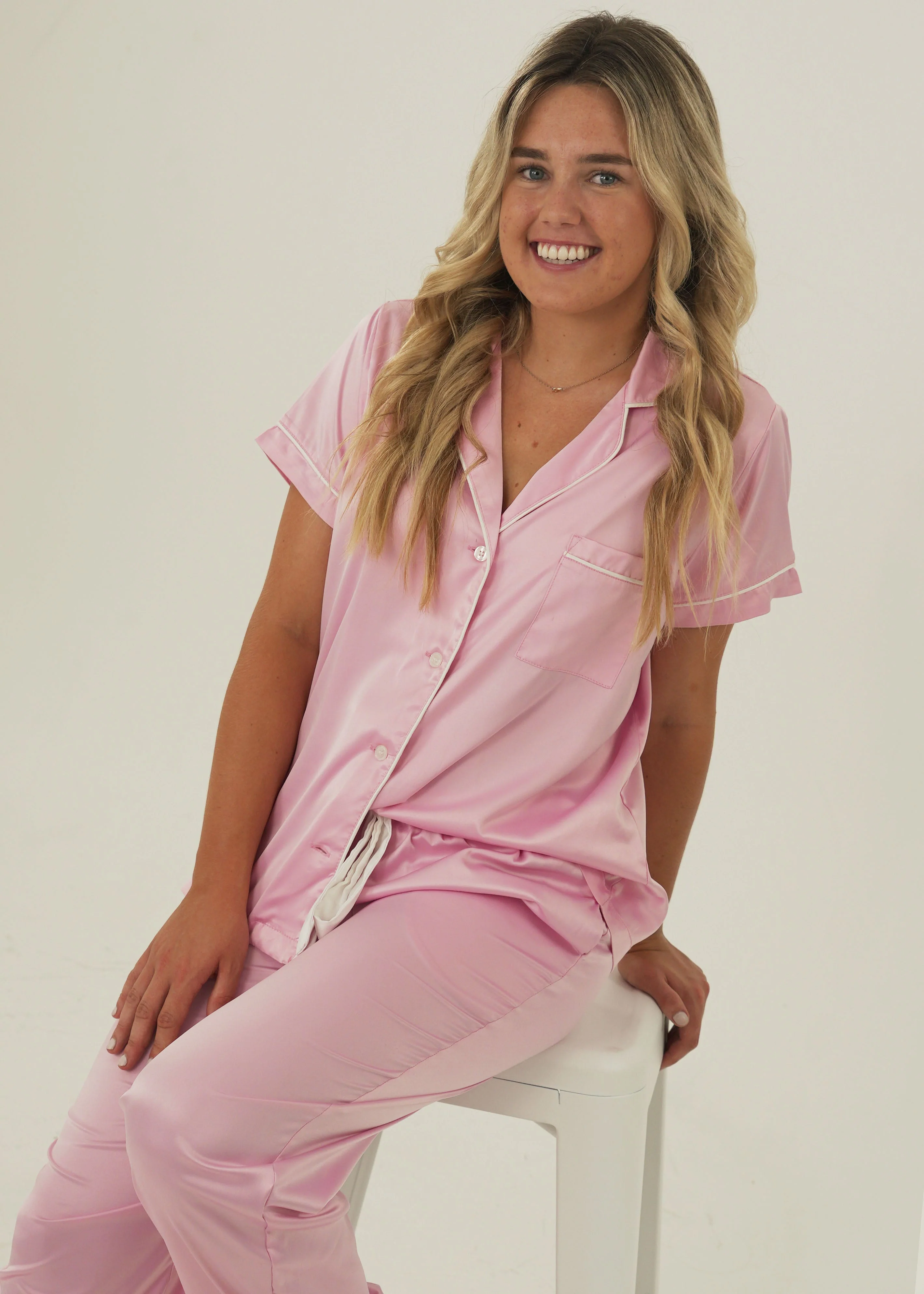 Womens Baby Pink Matte Satin Long Pajama Set - Image 2