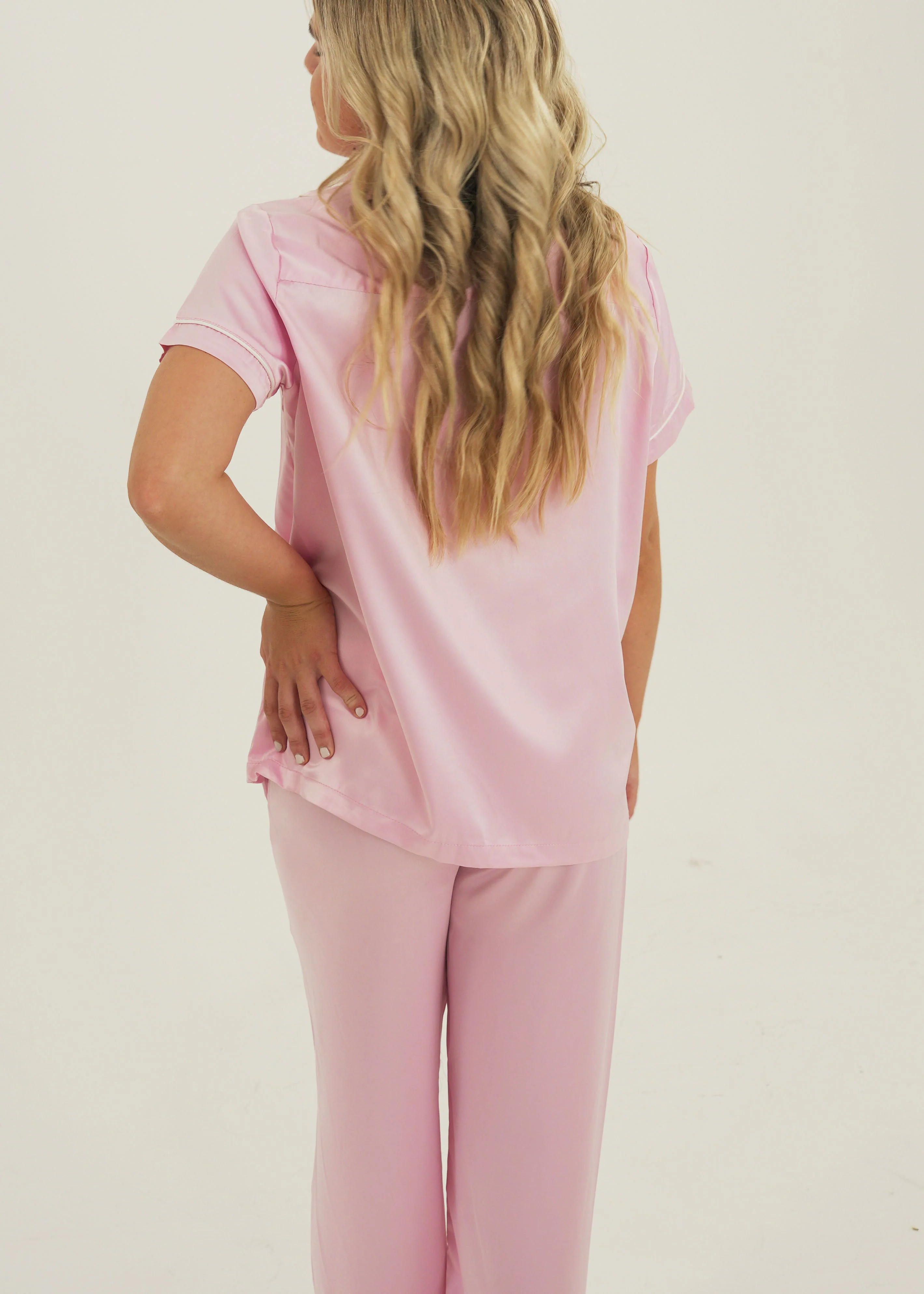Womens Baby Pink Matte Satin Long Pajama Set - Image 3