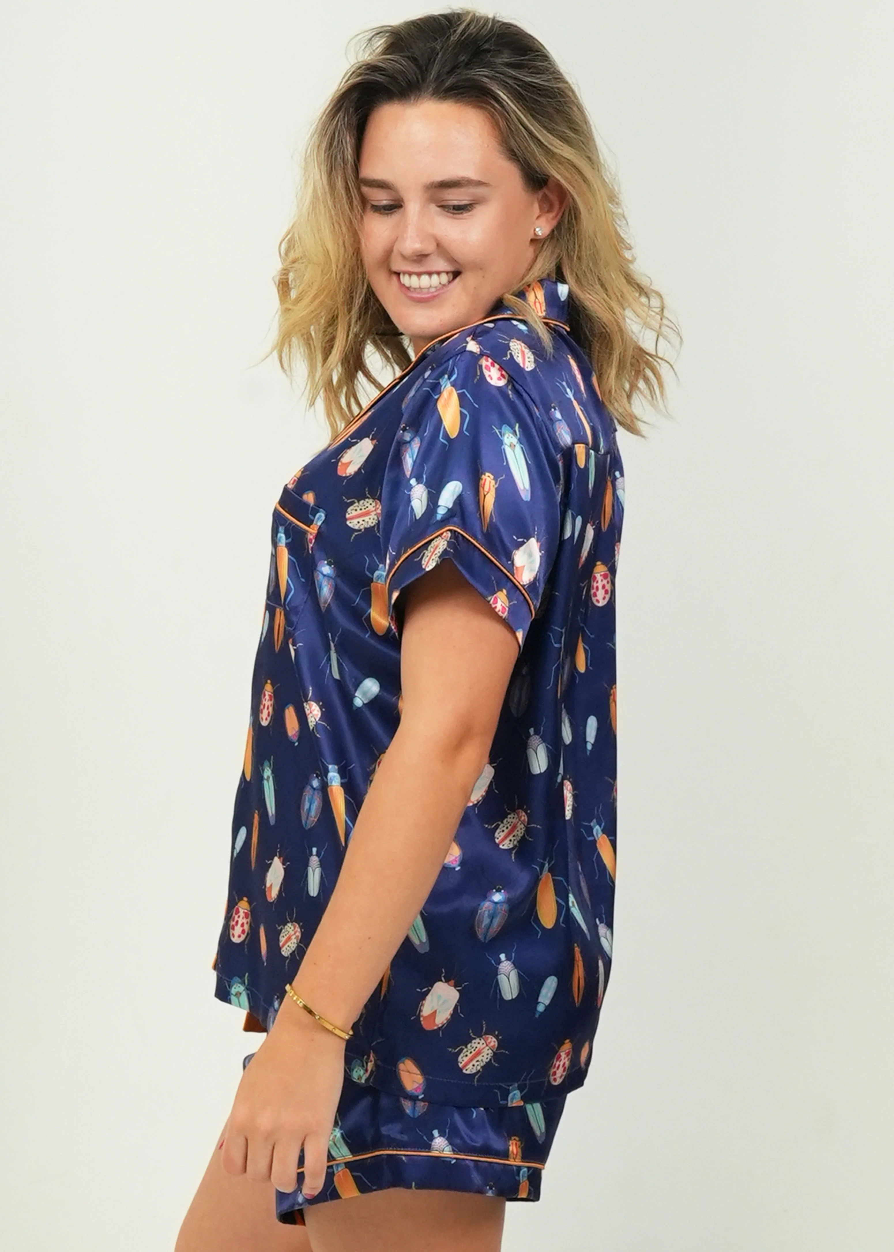Women's Beetles Navy Short Satin PJ Set - Image 3