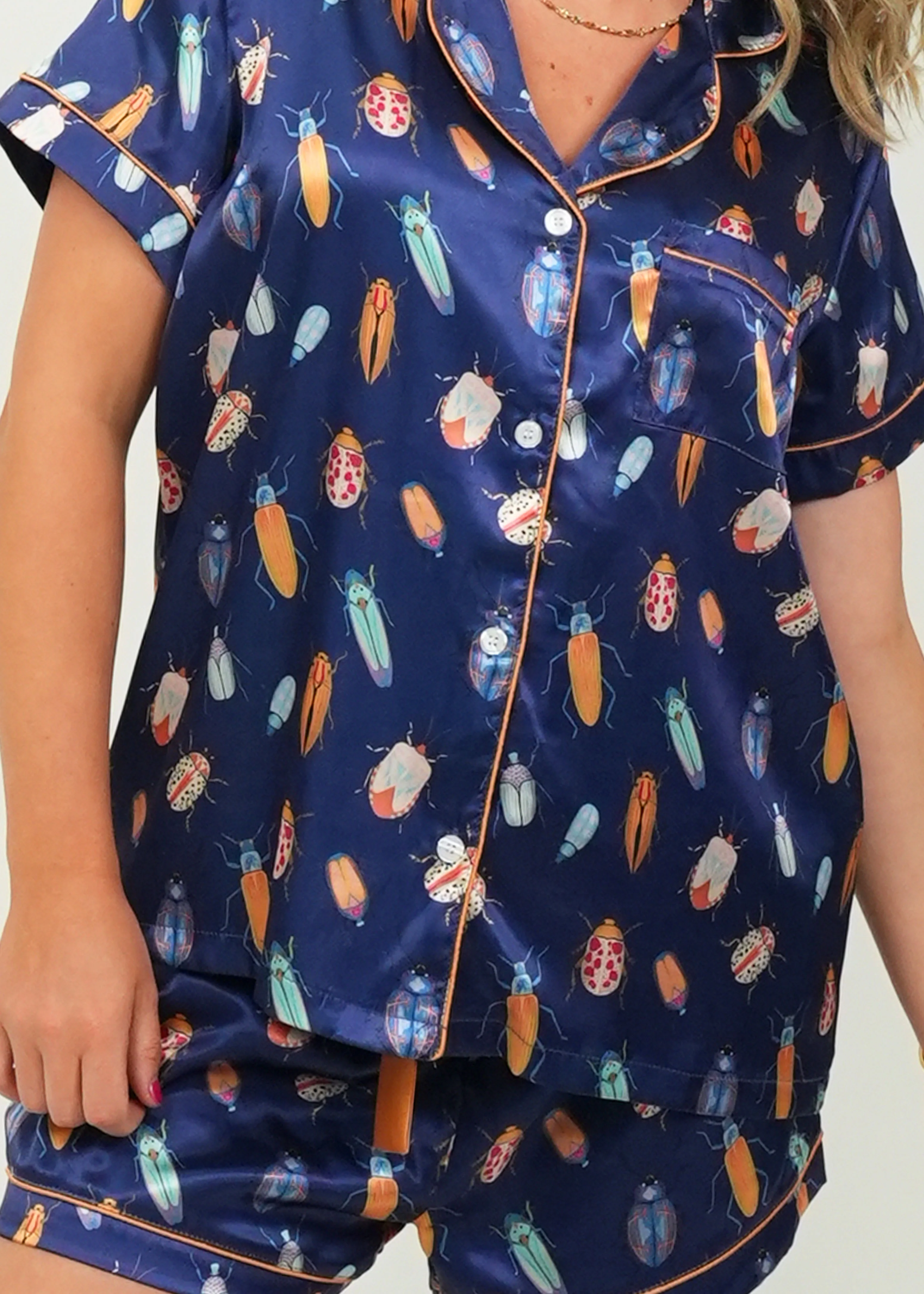 Women's Beetles Navy Short Satin PJ Set - Image 4
