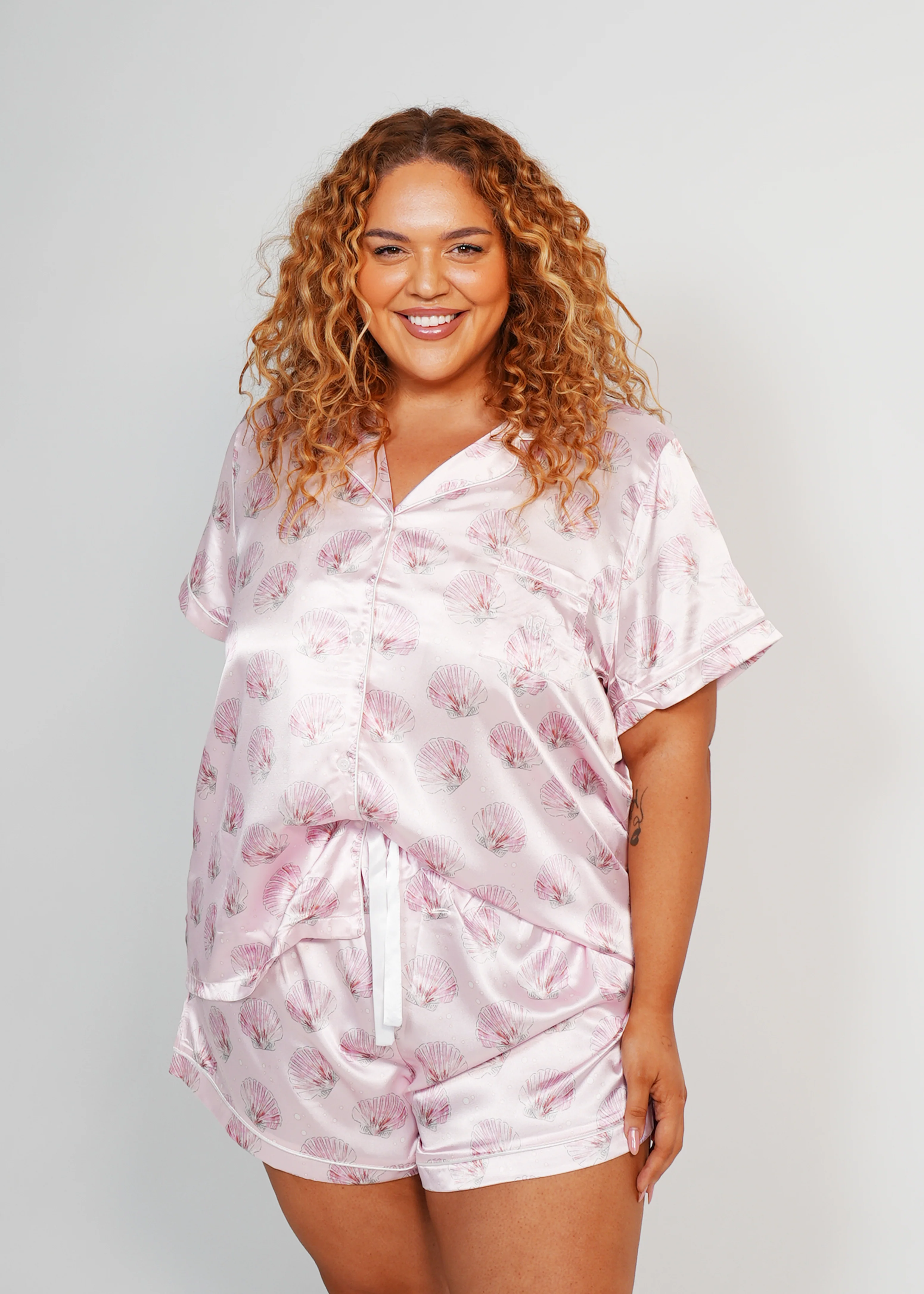Womens Blush Clamshell Satin Short PJ Set