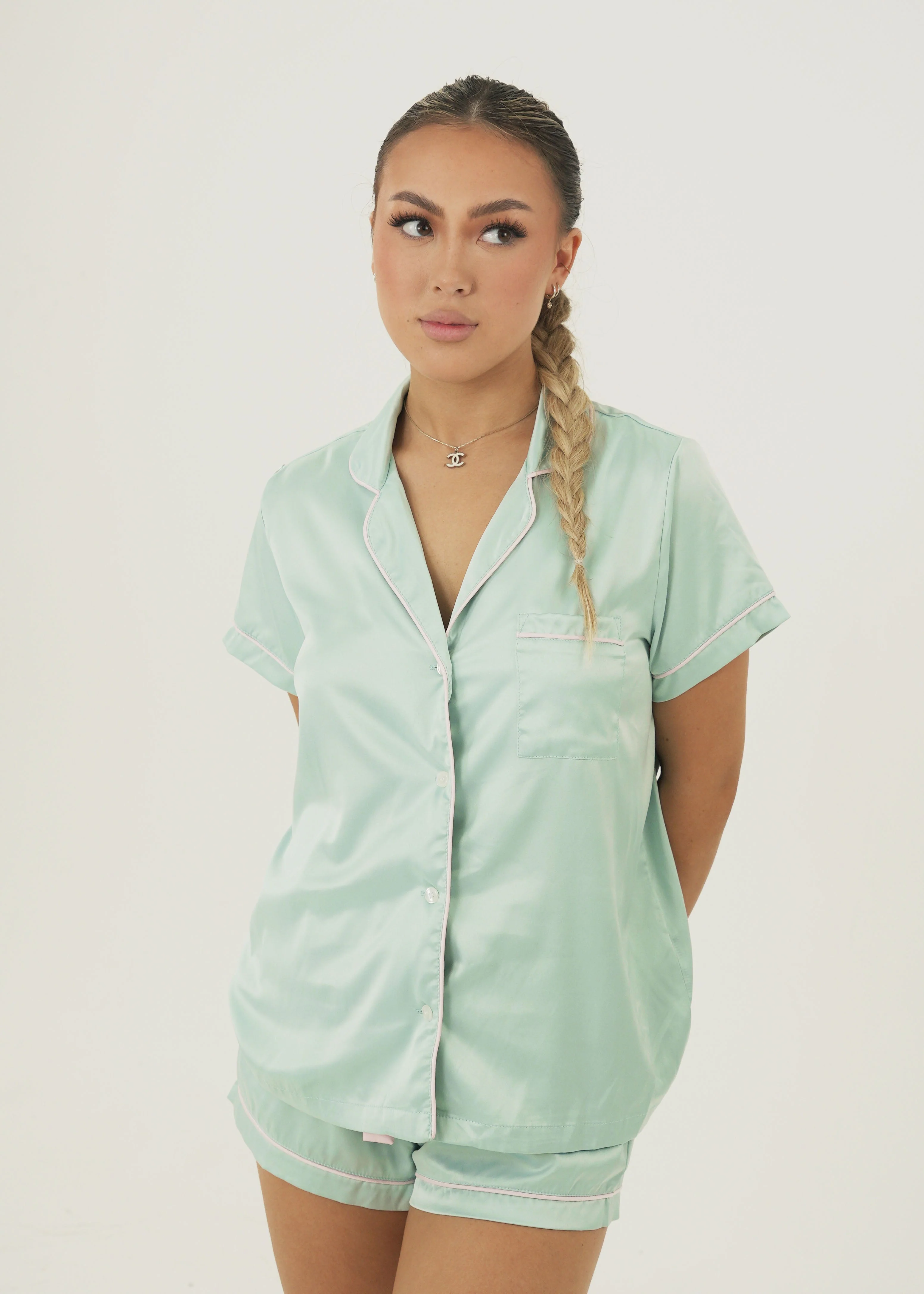 Womens Bubblegum Green Matte Satin Short Pajama Set - Image 2