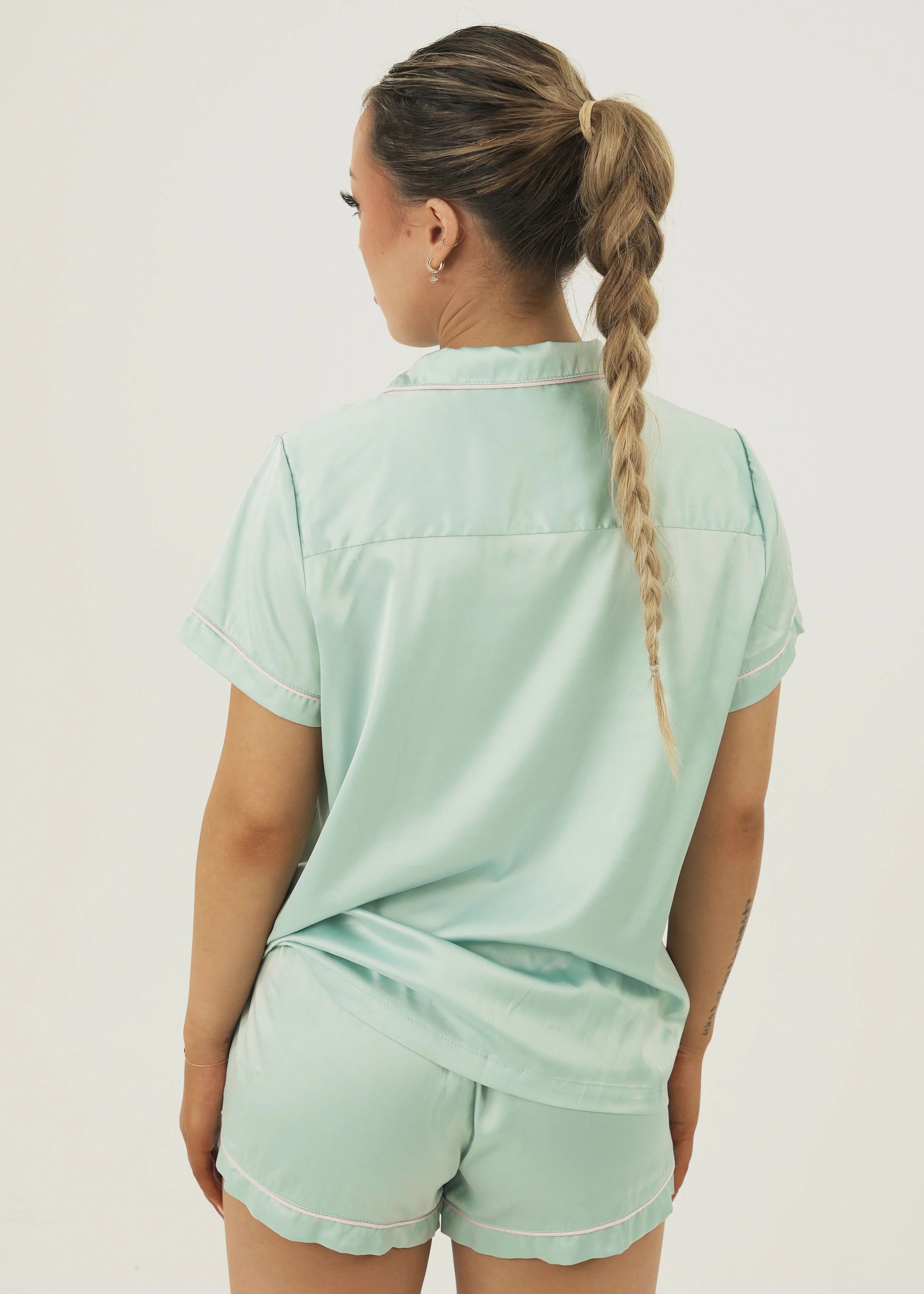 Womens Bubblegum Green Matte Satin Short Pajama Set - Image 3