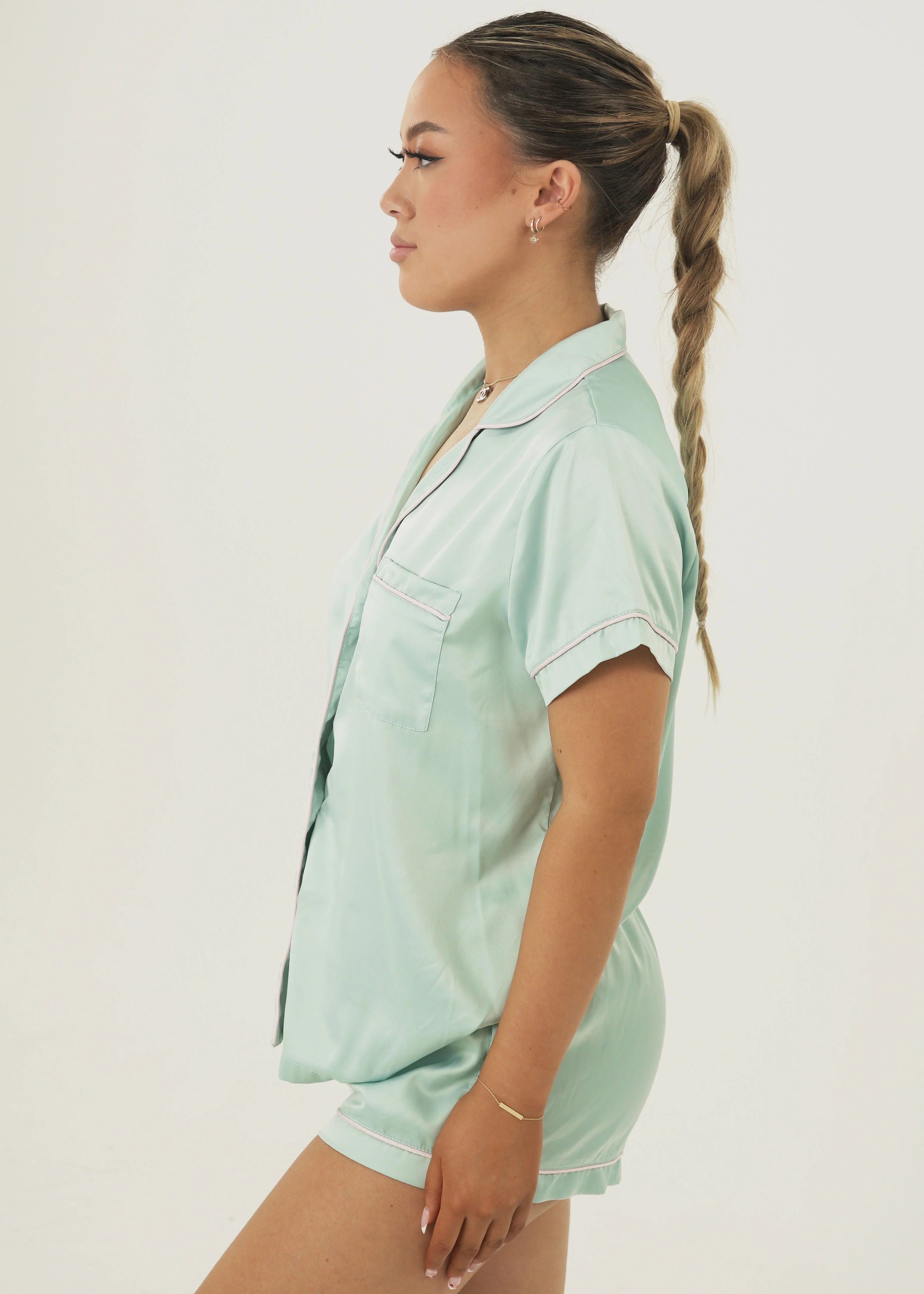 Womens Bubblegum Green Matte Satin Short Pajama Set - Image 4