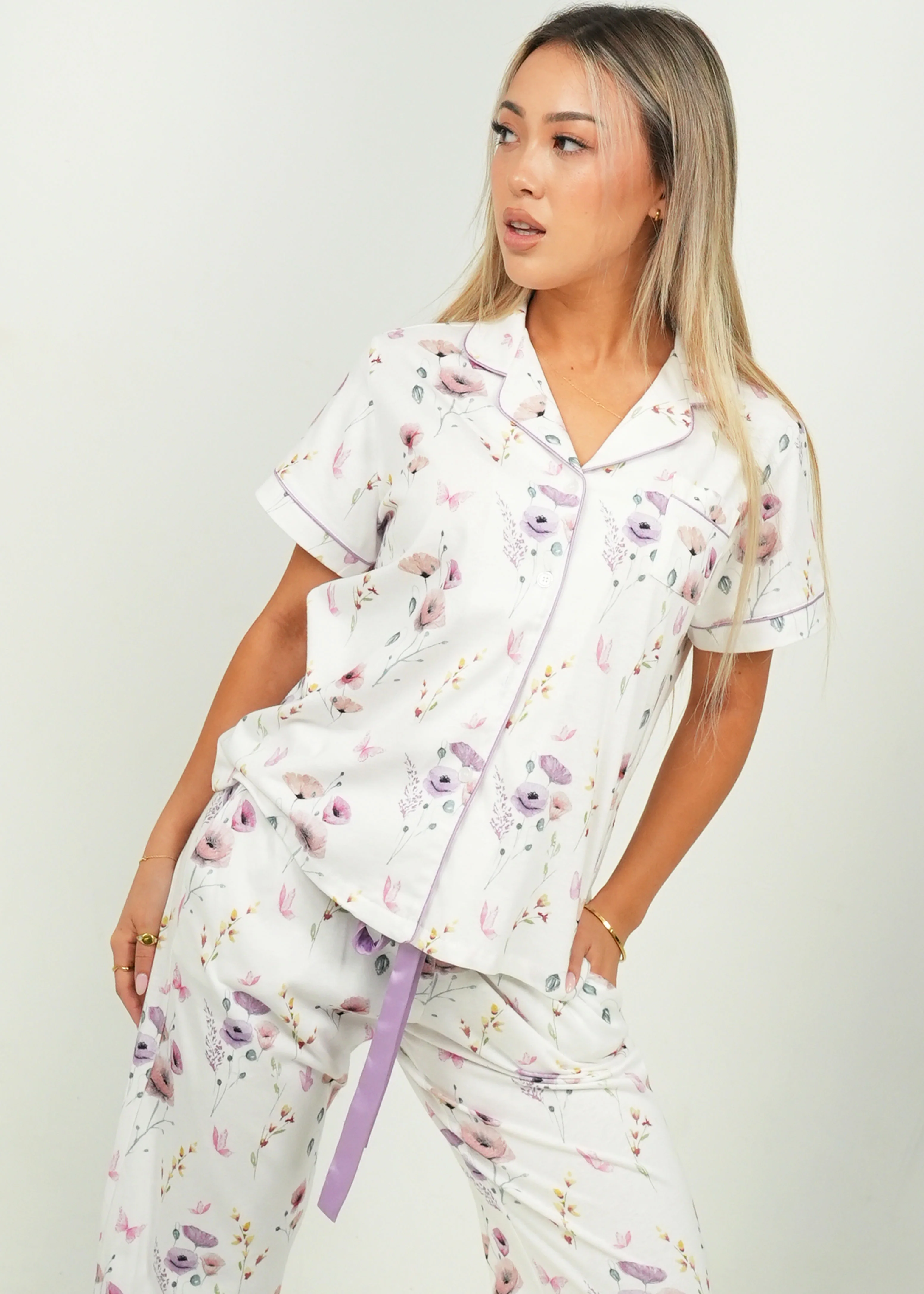 Womens Edge Of The Meadow - Jersey Knit Cotton - Short Top/Long Pants PJ Set