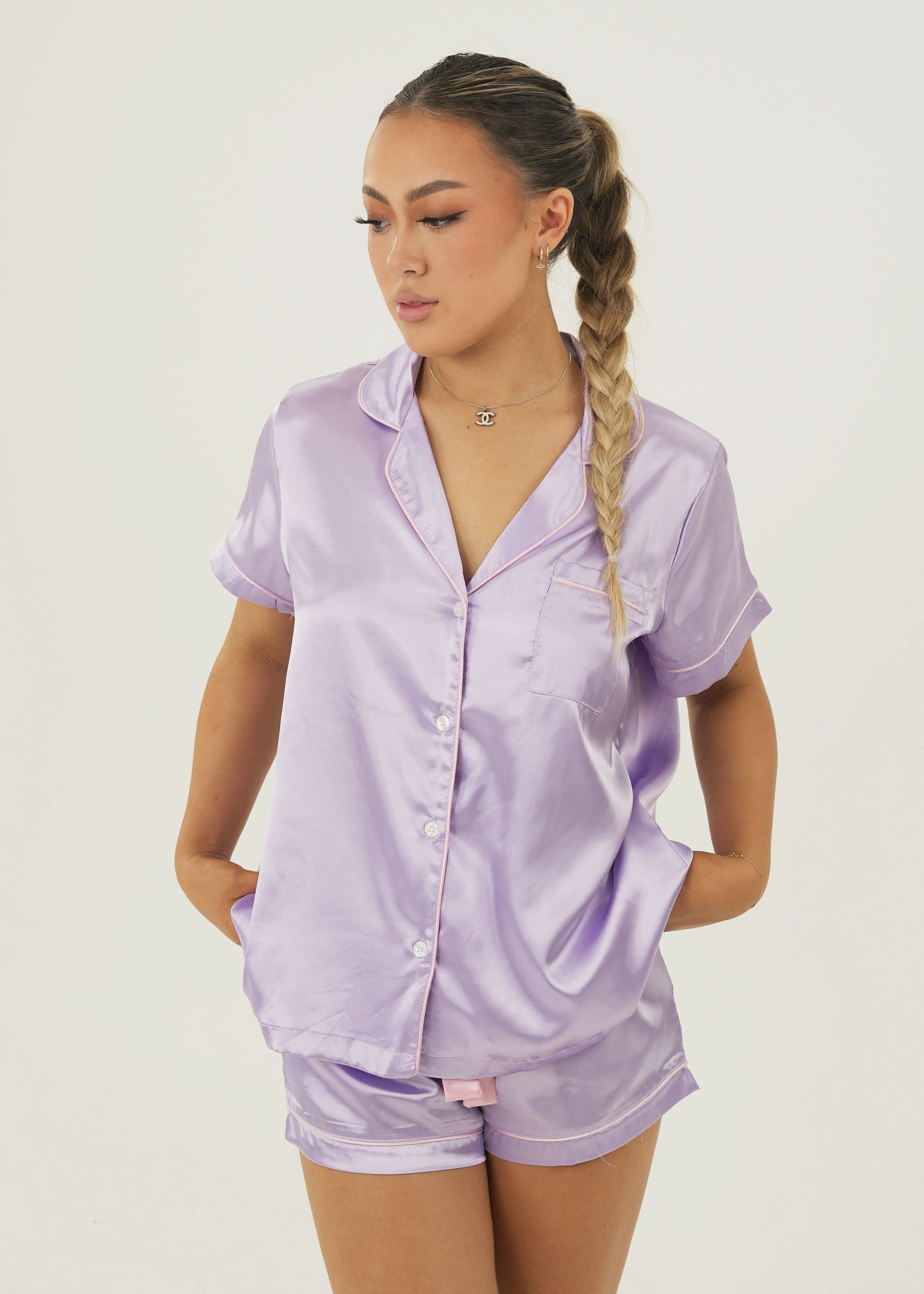 Womens Lilac Satin Short Pajama Set