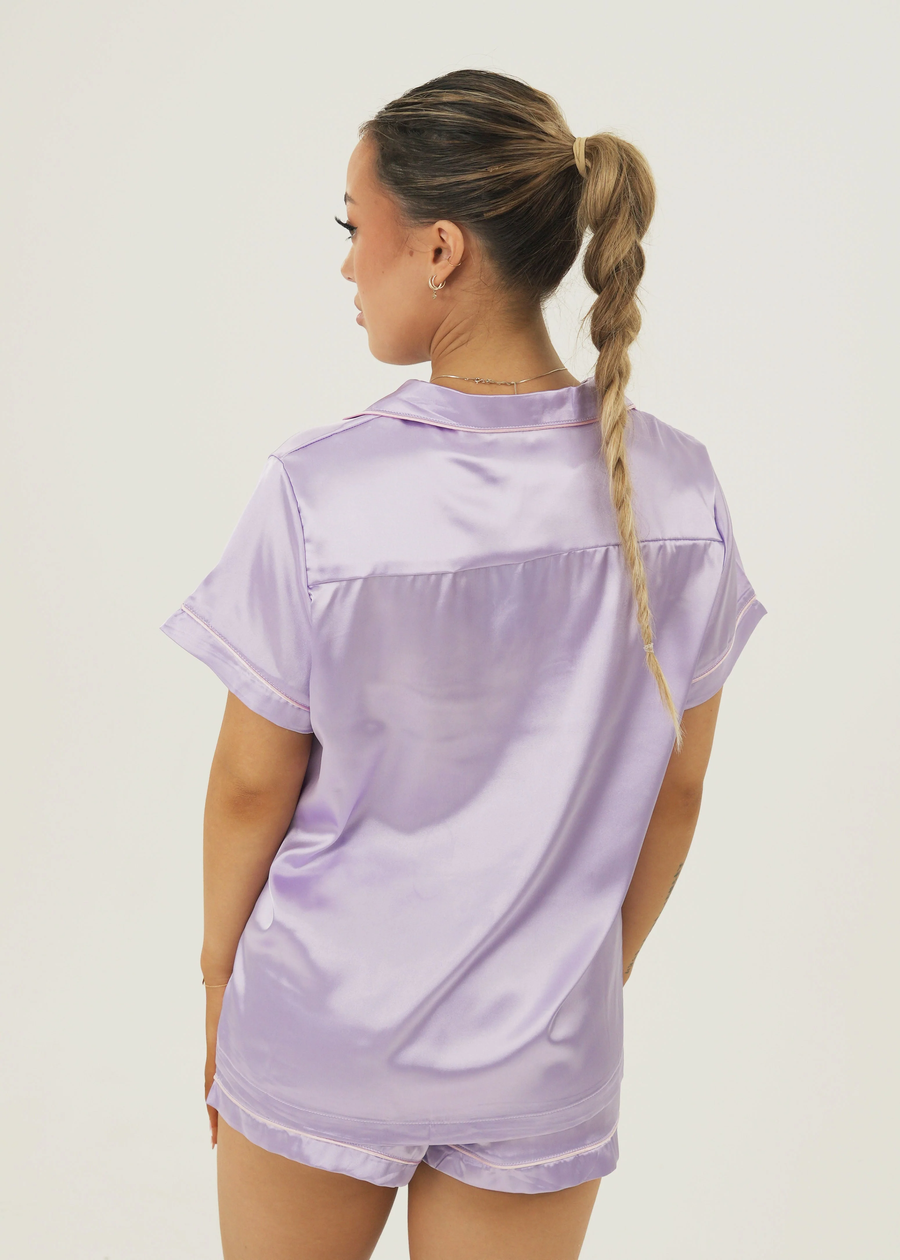Womens Lilac Satin Short Pajama Set - Image 3