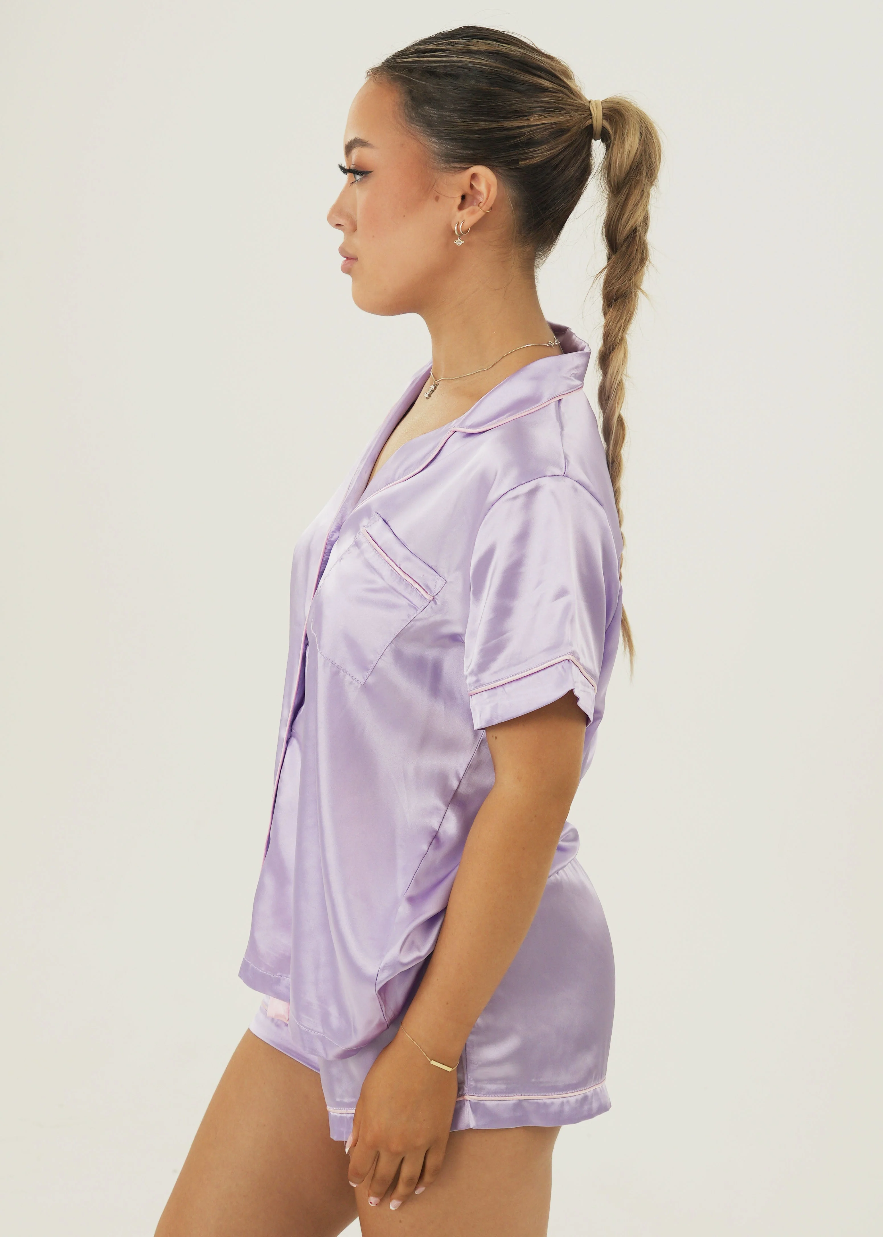 Womens Lilac Satin Short Pajama Set - Image 4
