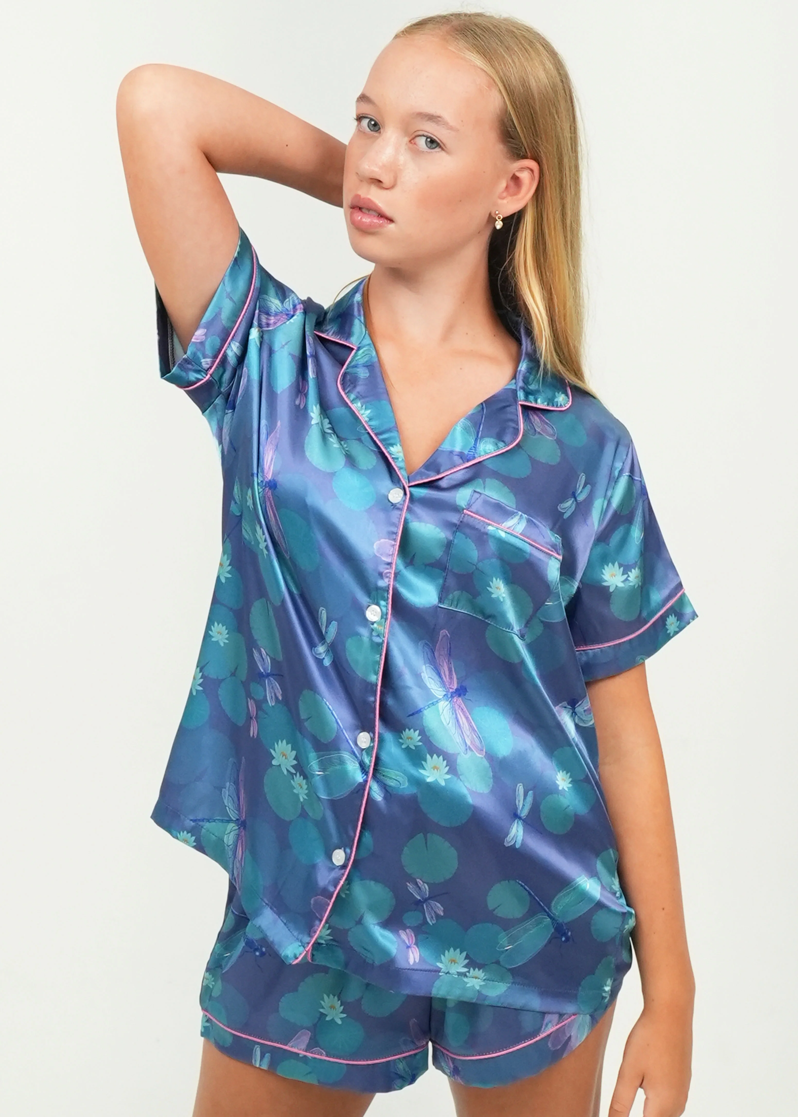 Women's Lilypad Dragonflies Short Satin PJ Set - Image 9