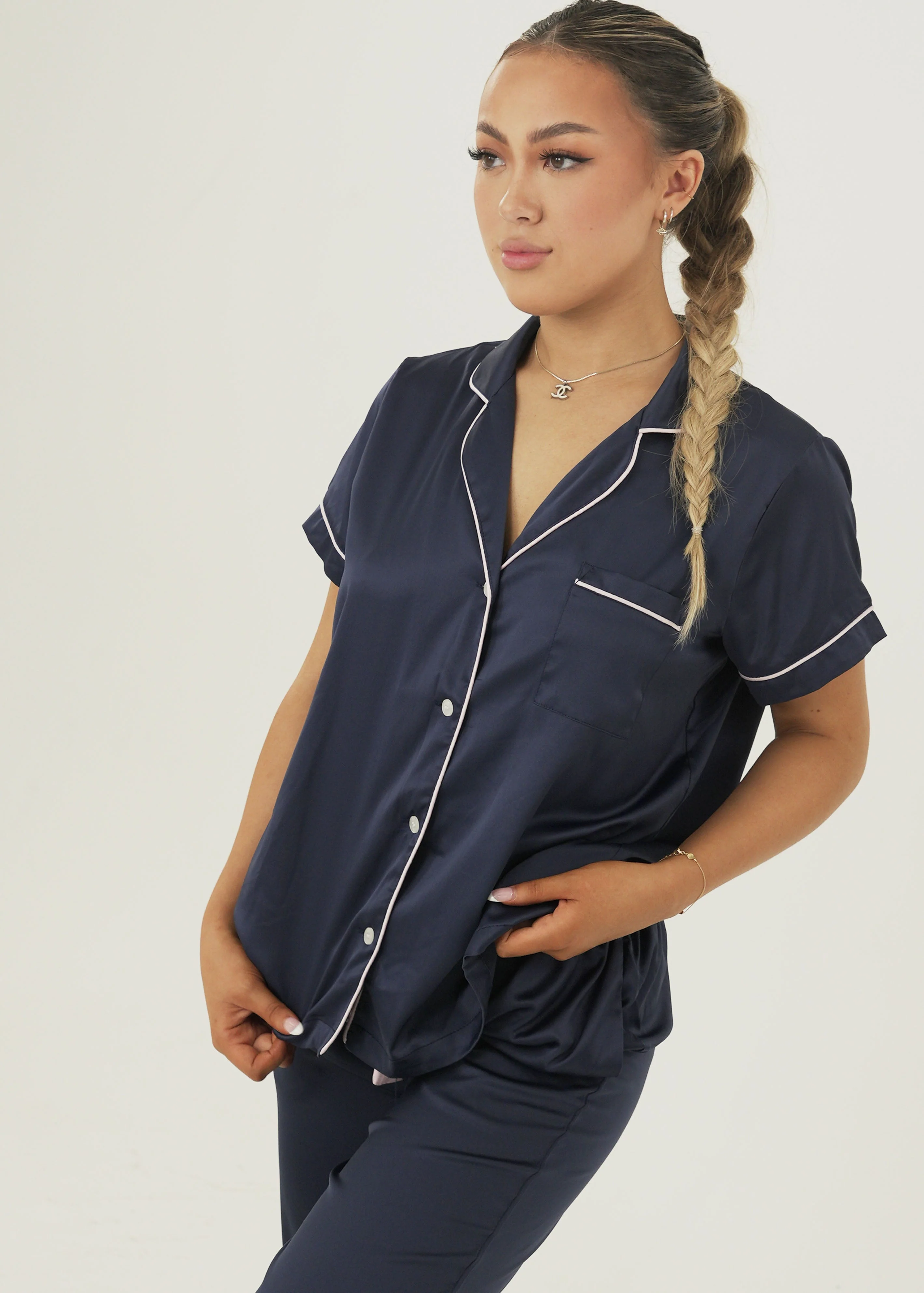 Womens Matte Navy Satin Long Pajama Set - Image 3