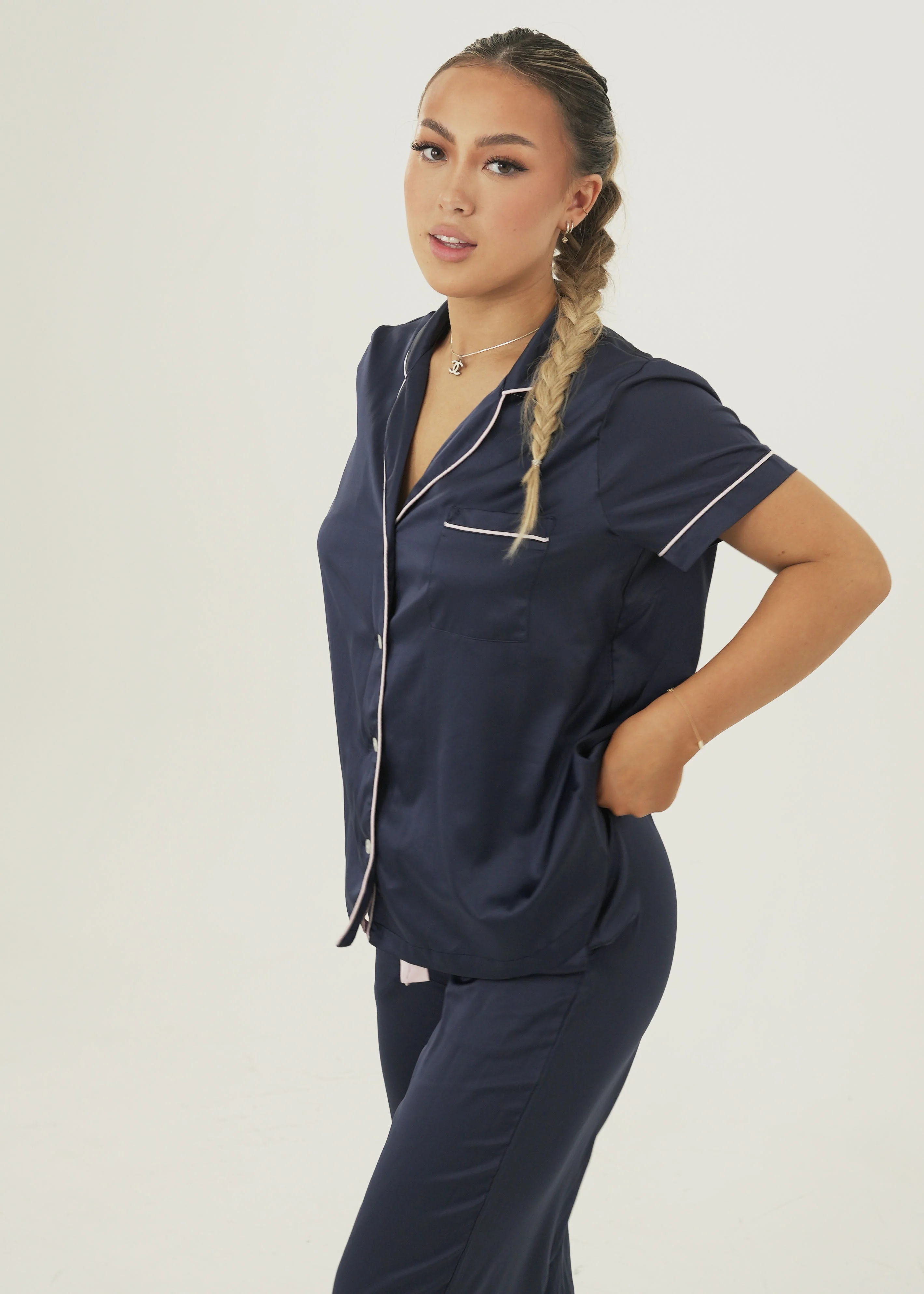 Womens Matte Navy Satin Long Pajama Set - Image 4