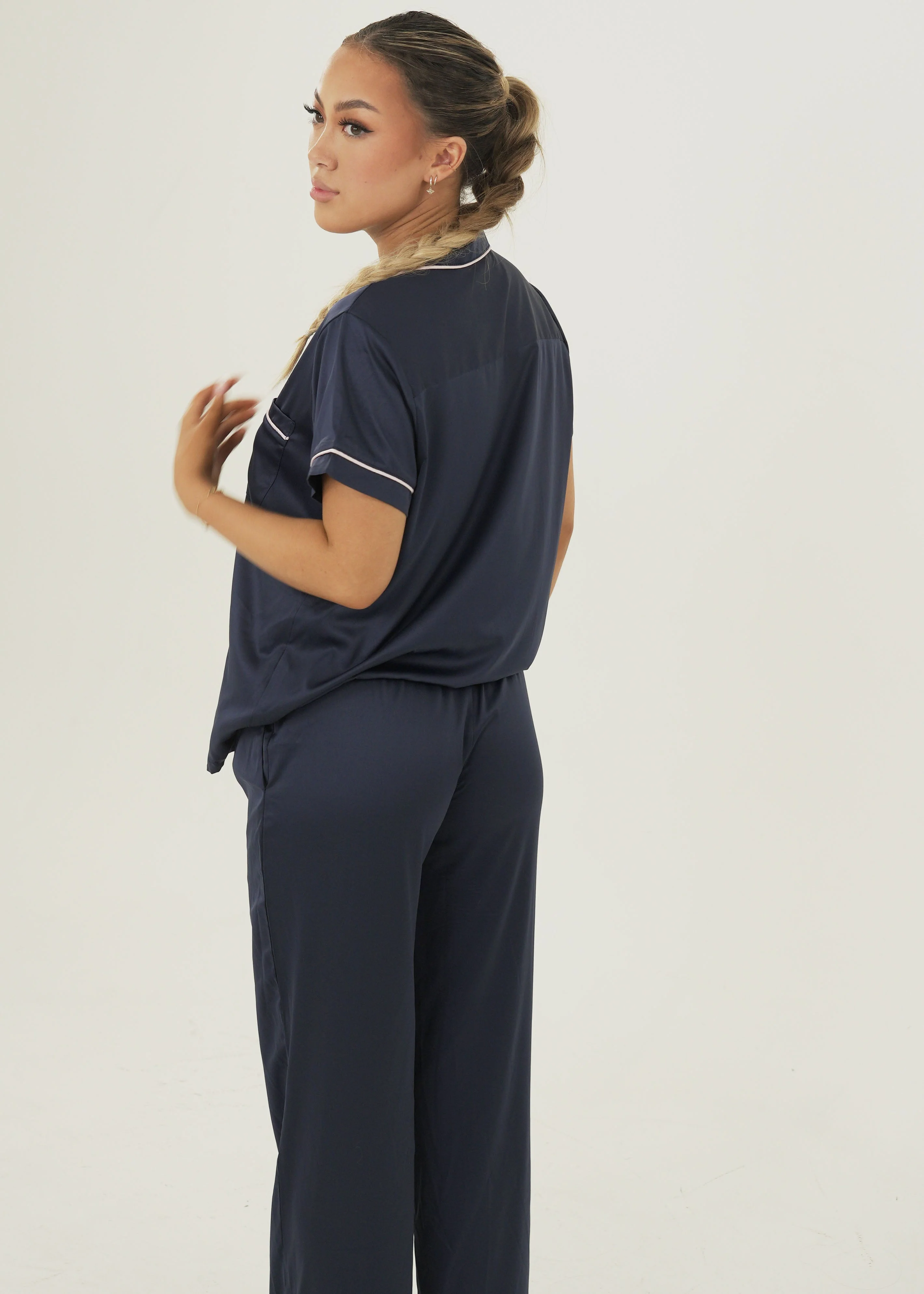 Womens Matte Navy Satin Long Pajama Set - Image 6