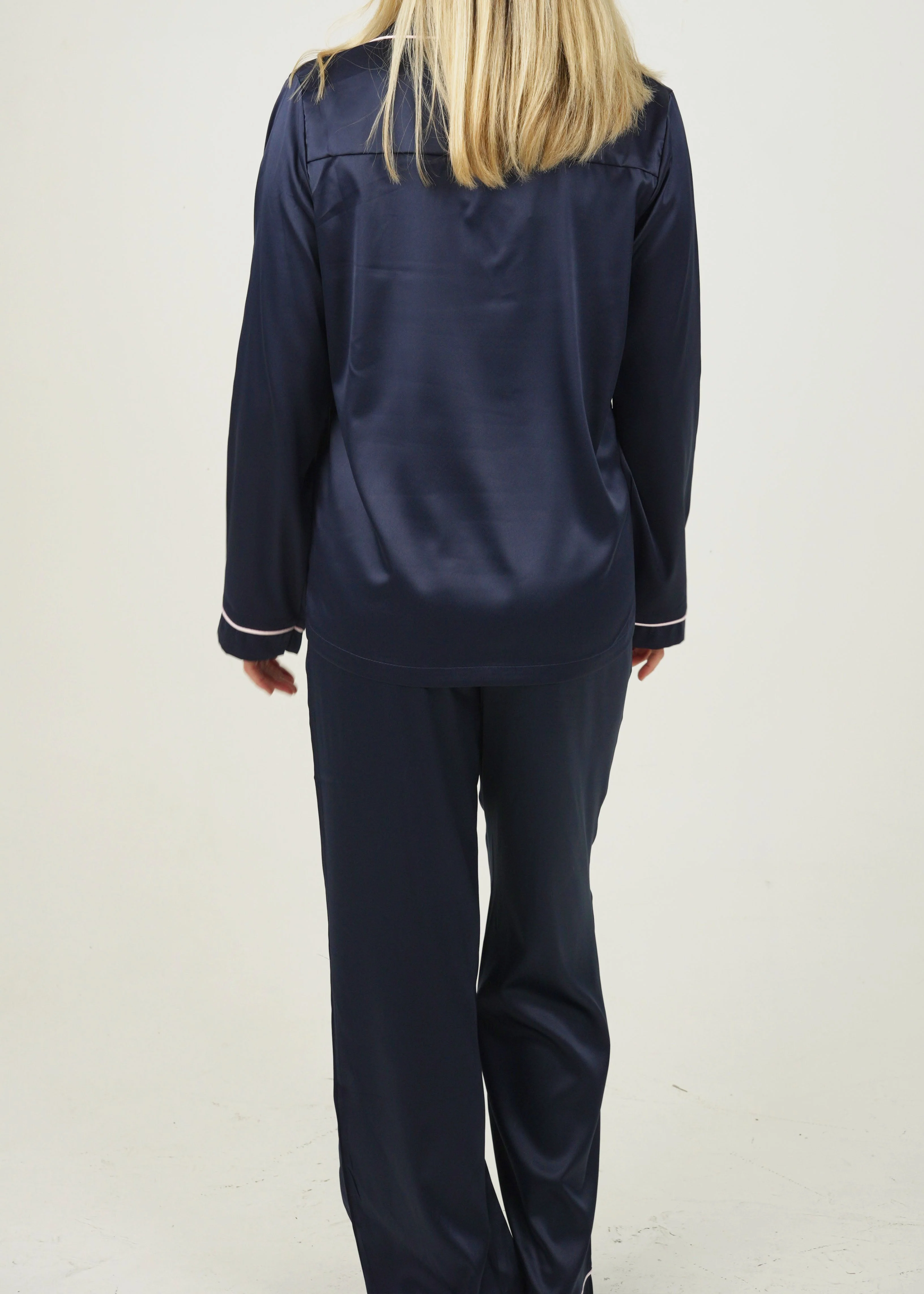 Womens Navy Blue Matte Satin Long Pajama Set - Image 4
