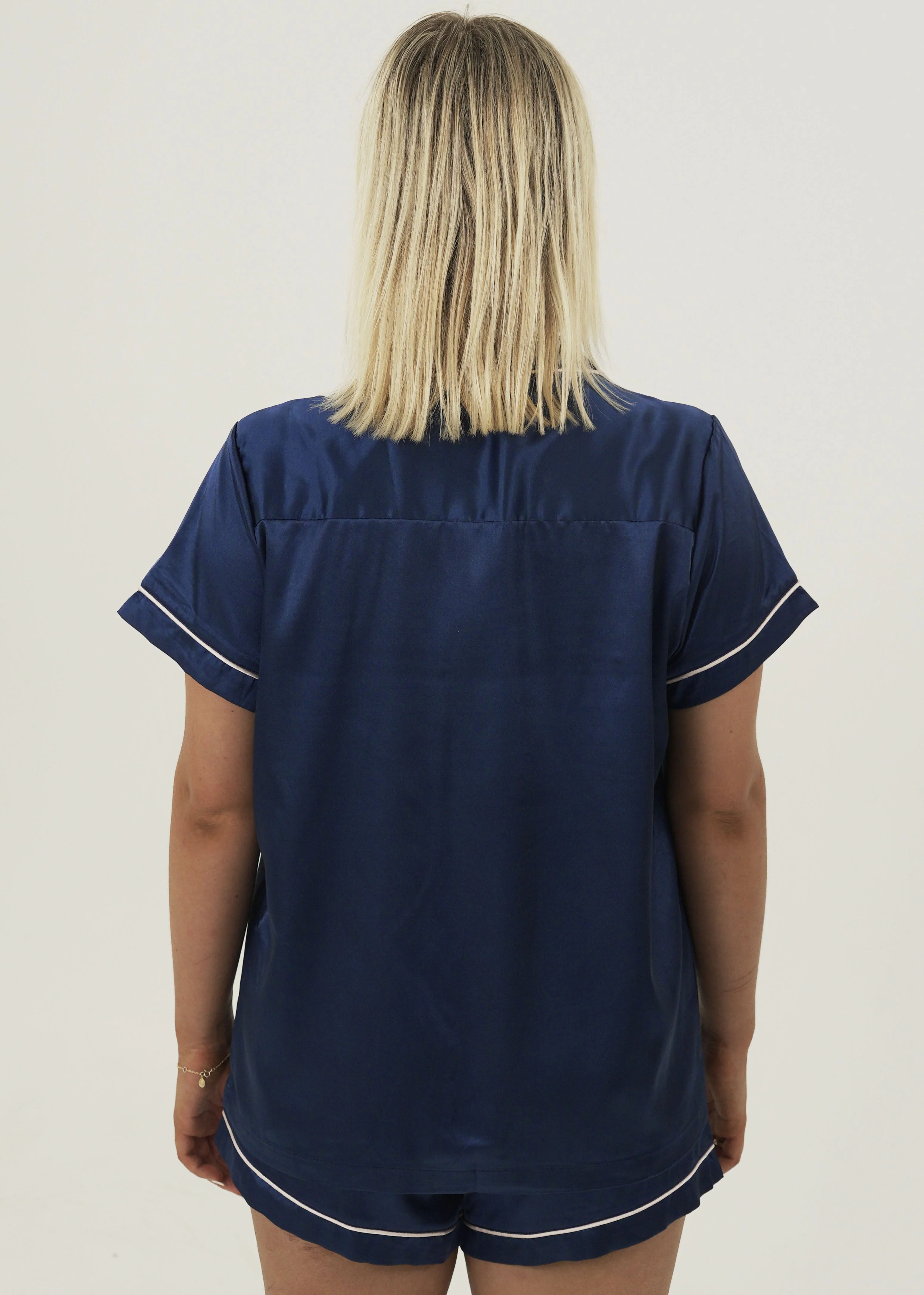 Womens Navy Blue Satin Short Pajama Set - Image 4