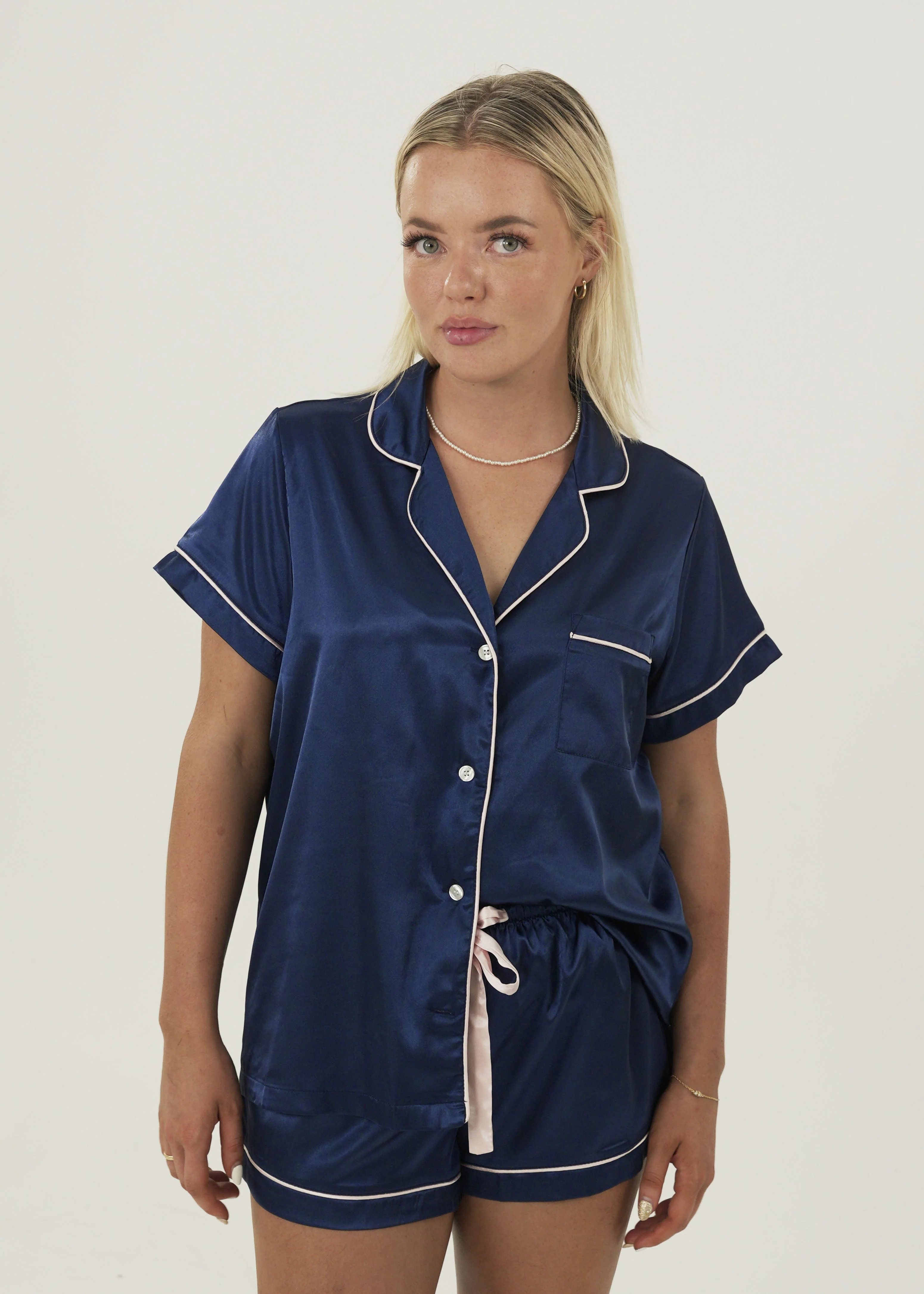Womens Navy Blue Satin Short Pajama Set - Image 5