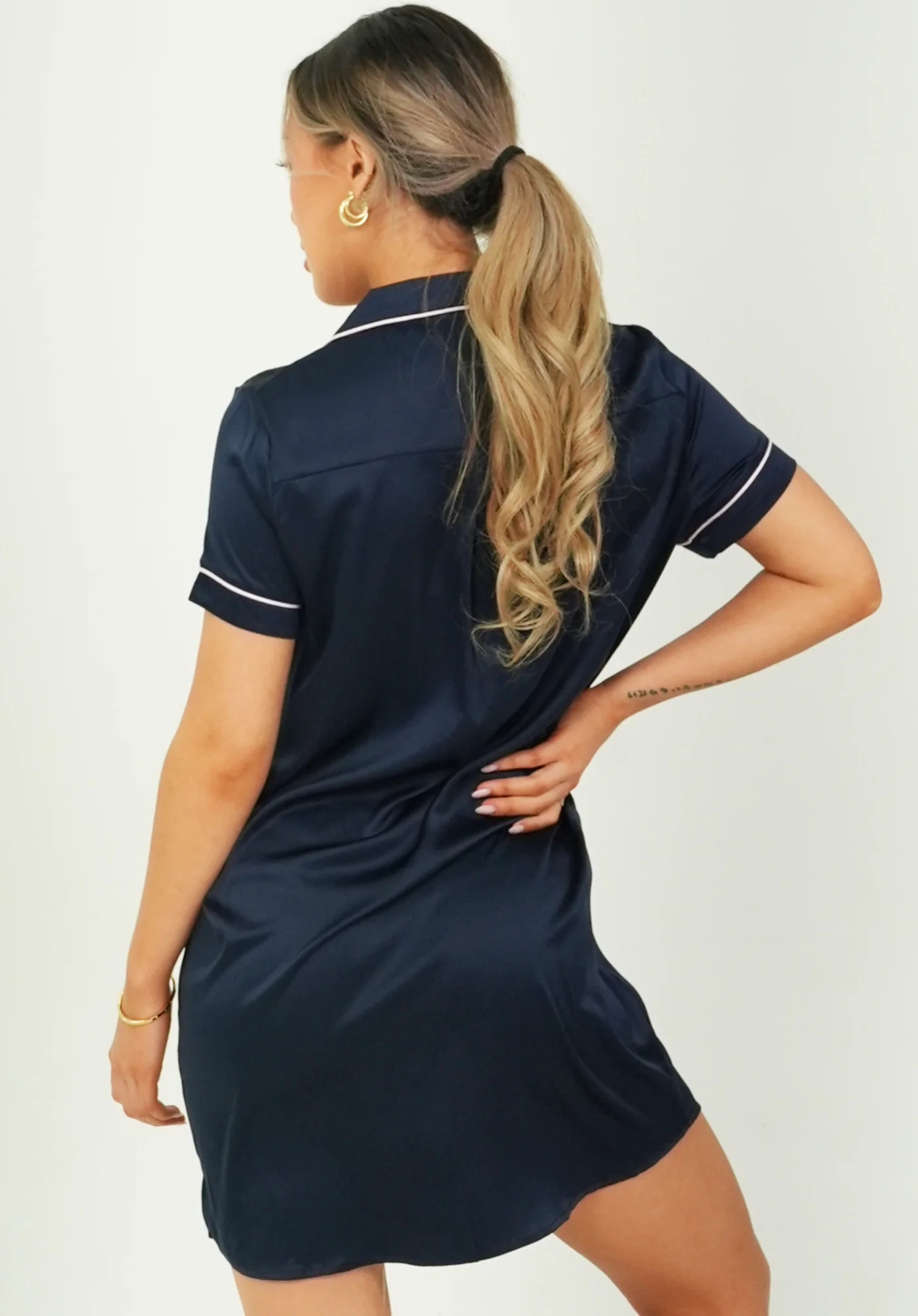 Womens Navy Satin Night Shirt - Image 2