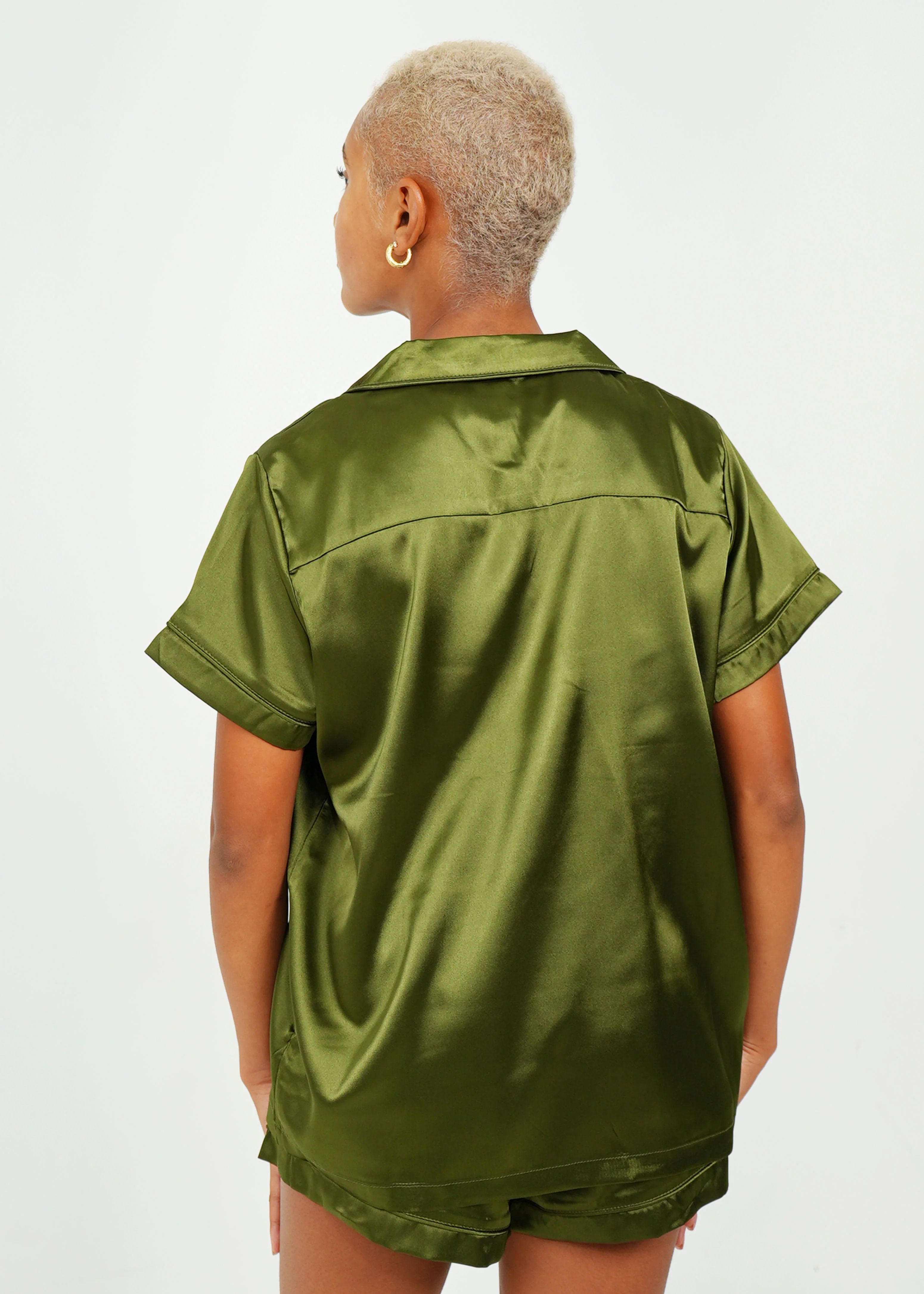 Womens Olive Green Satin Short PJ Set - Image 2