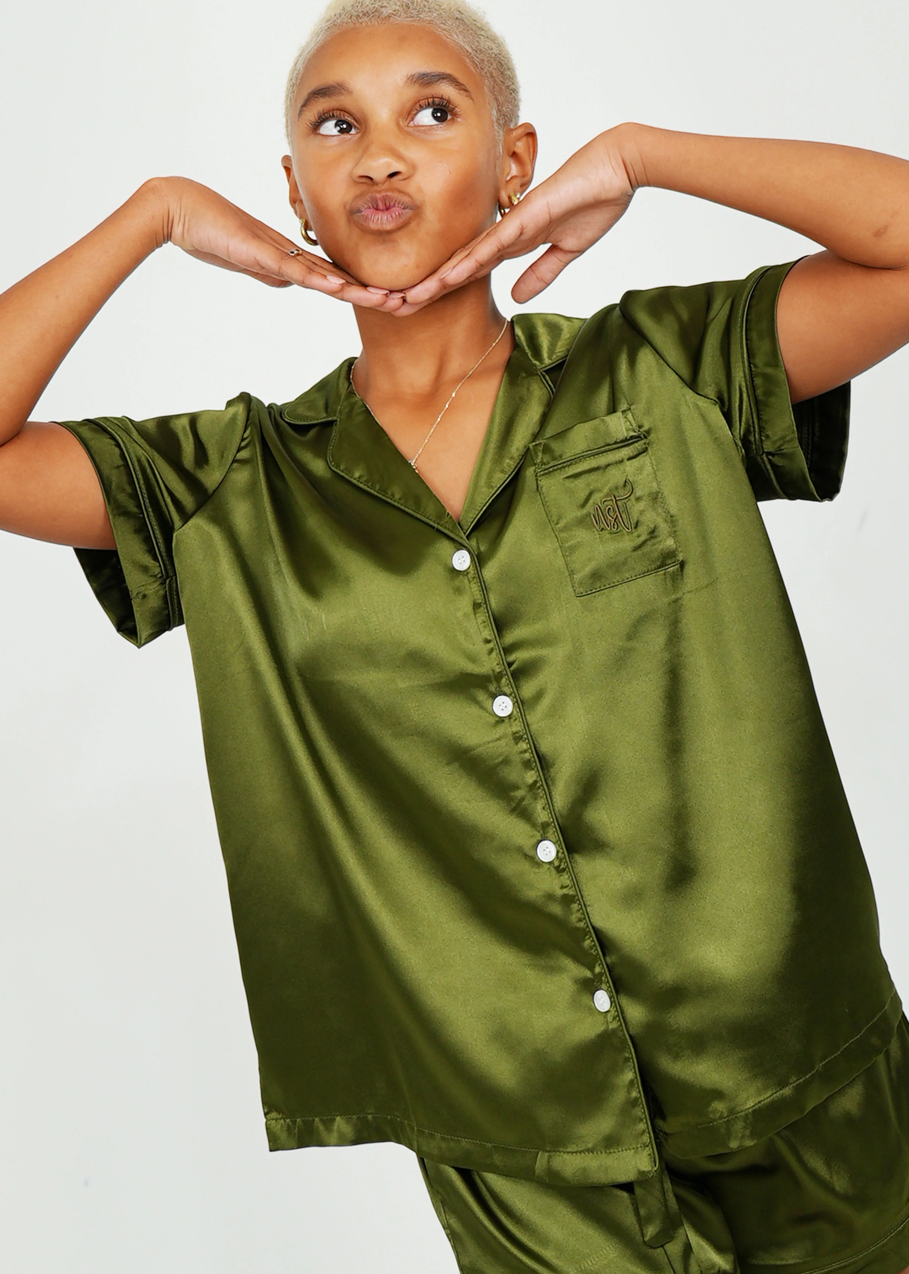 Womens Olive Green Satin Short PJ Set - Image 3
