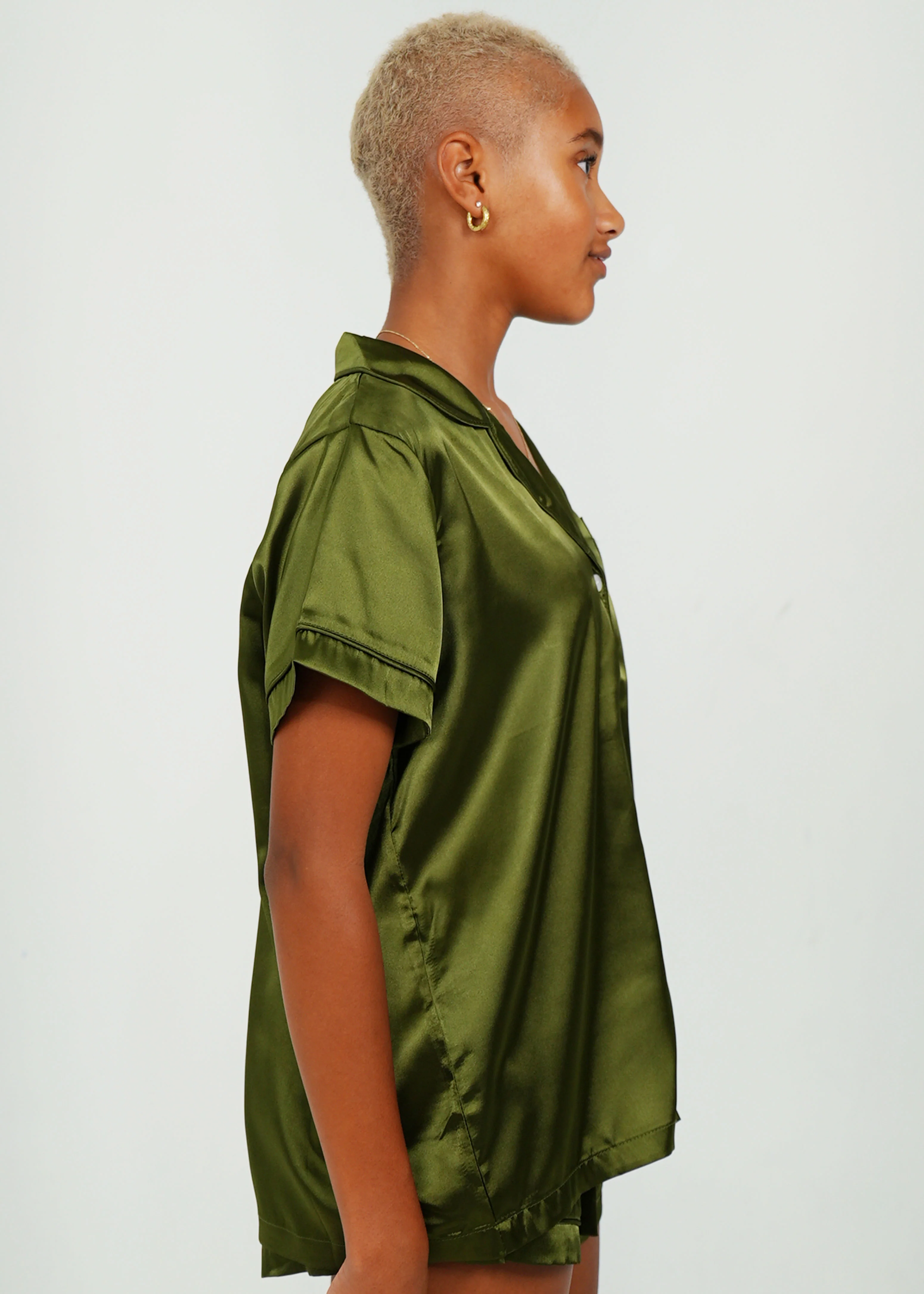 Womens Olive Green Satin Short PJ Set - Image 4