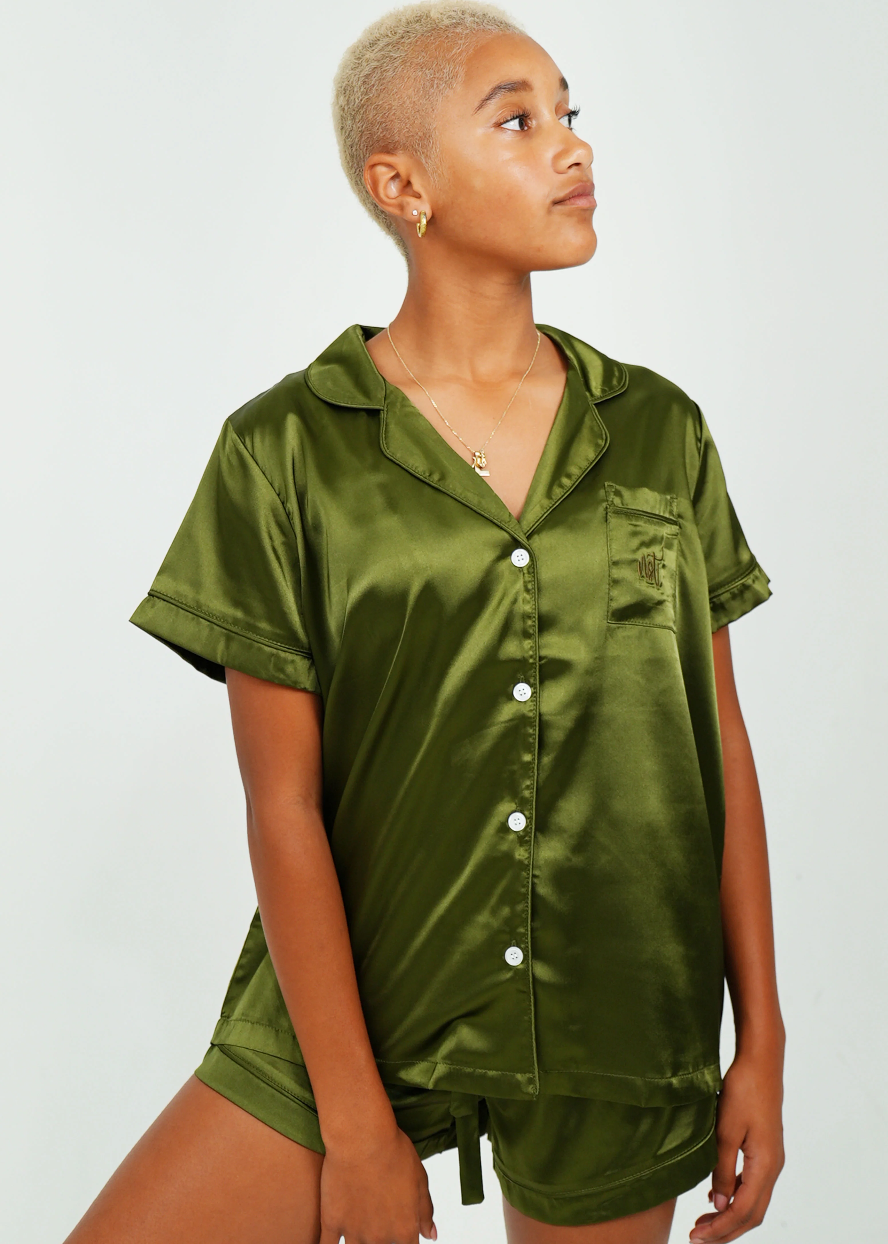 Womens Olive Green Satin Short PJ Set - Image 5