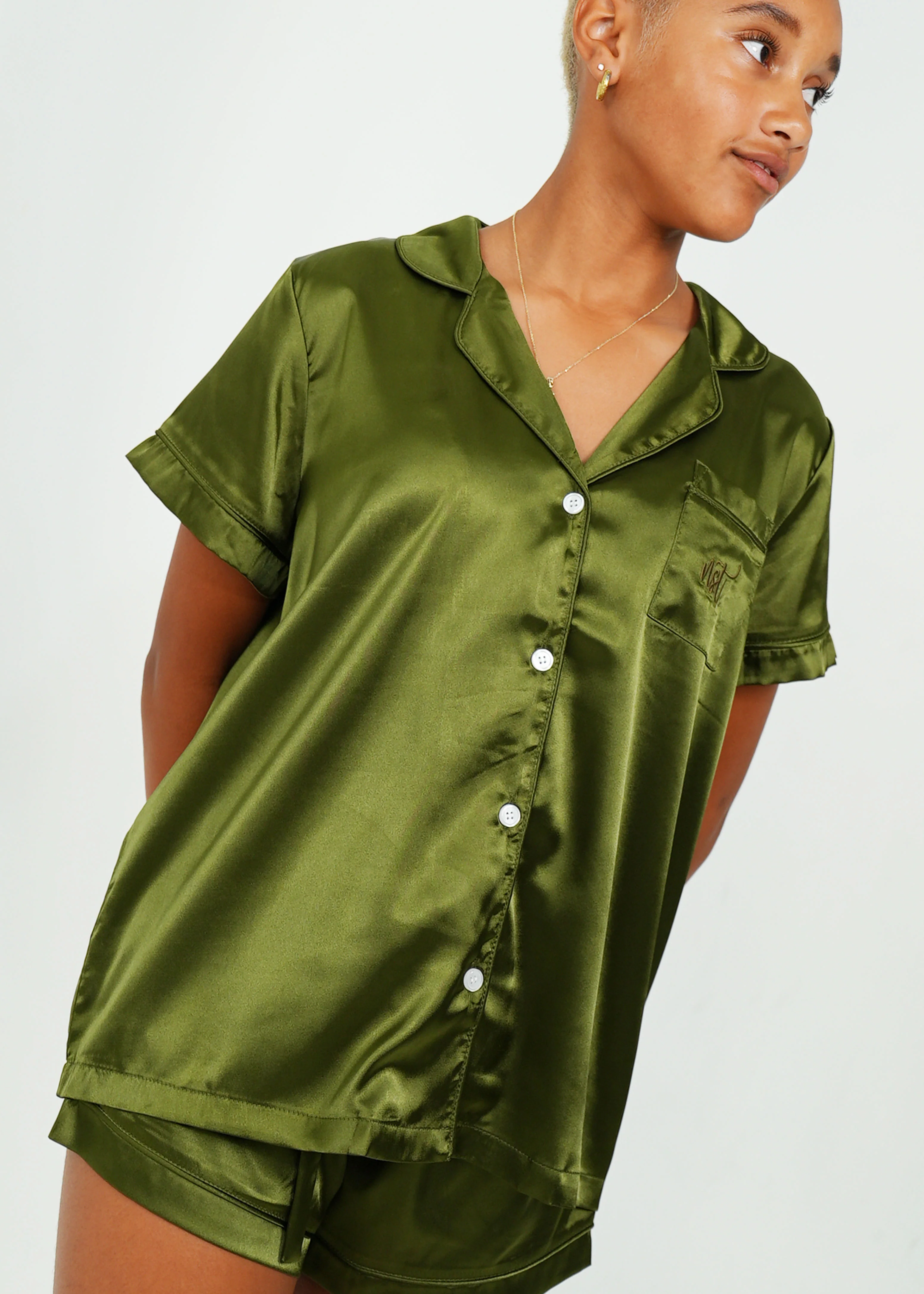 Womens Olive Green Satin Short PJ Set - Image 6