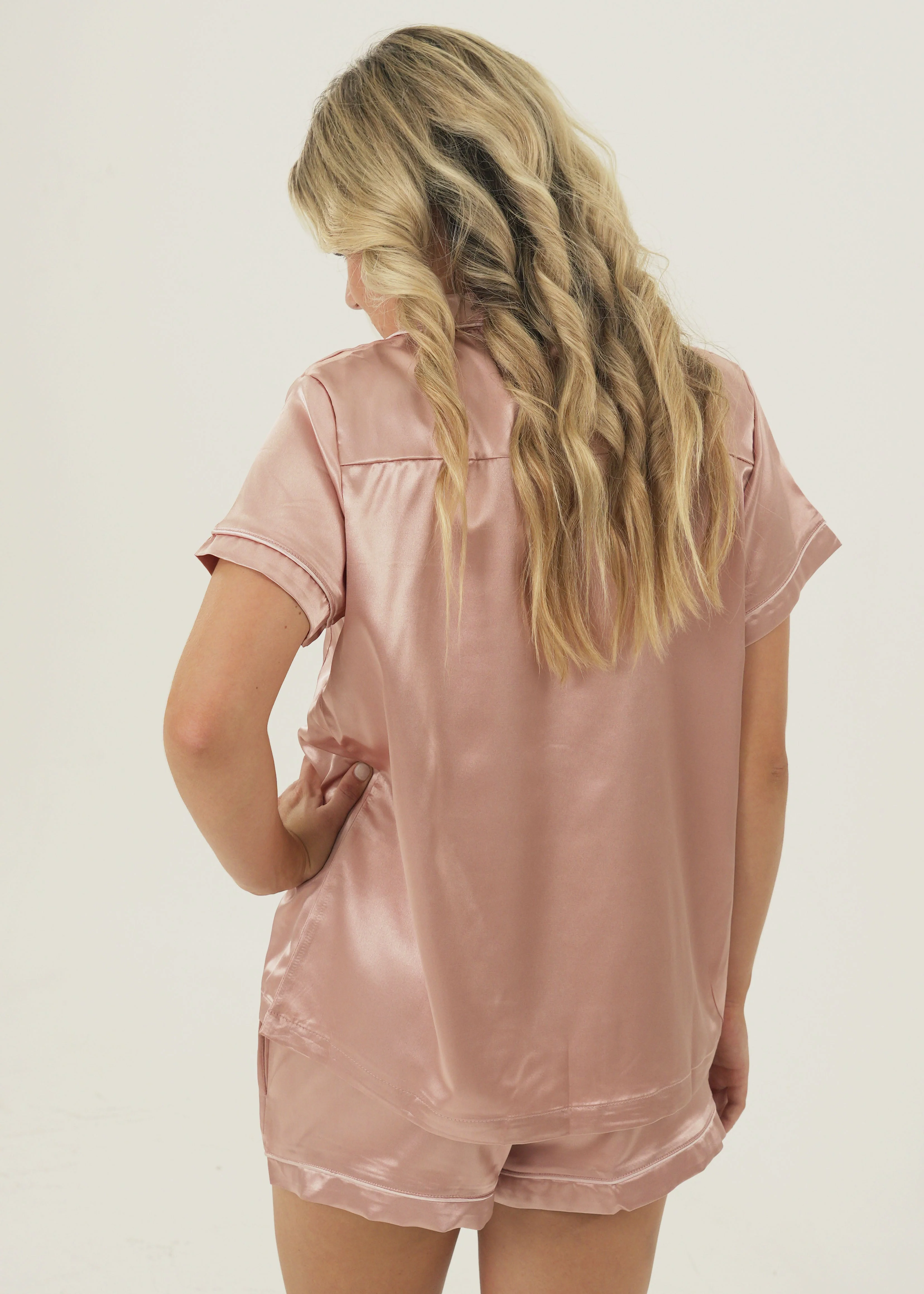 Womens Rose Pink Satin Short Pajama Set - Image 3