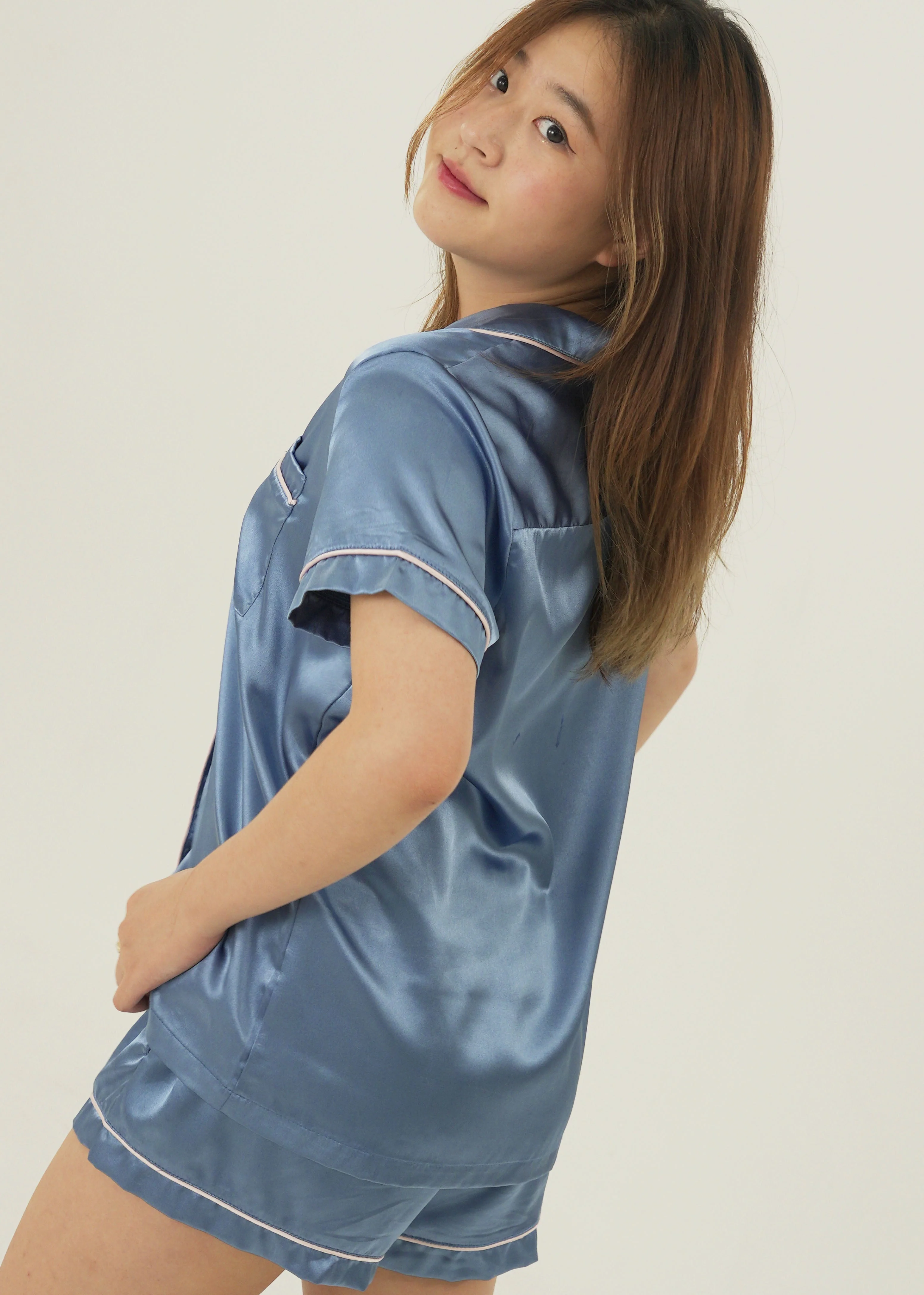 Womens Royal Blue Satin Short Pajama Set - Image 3