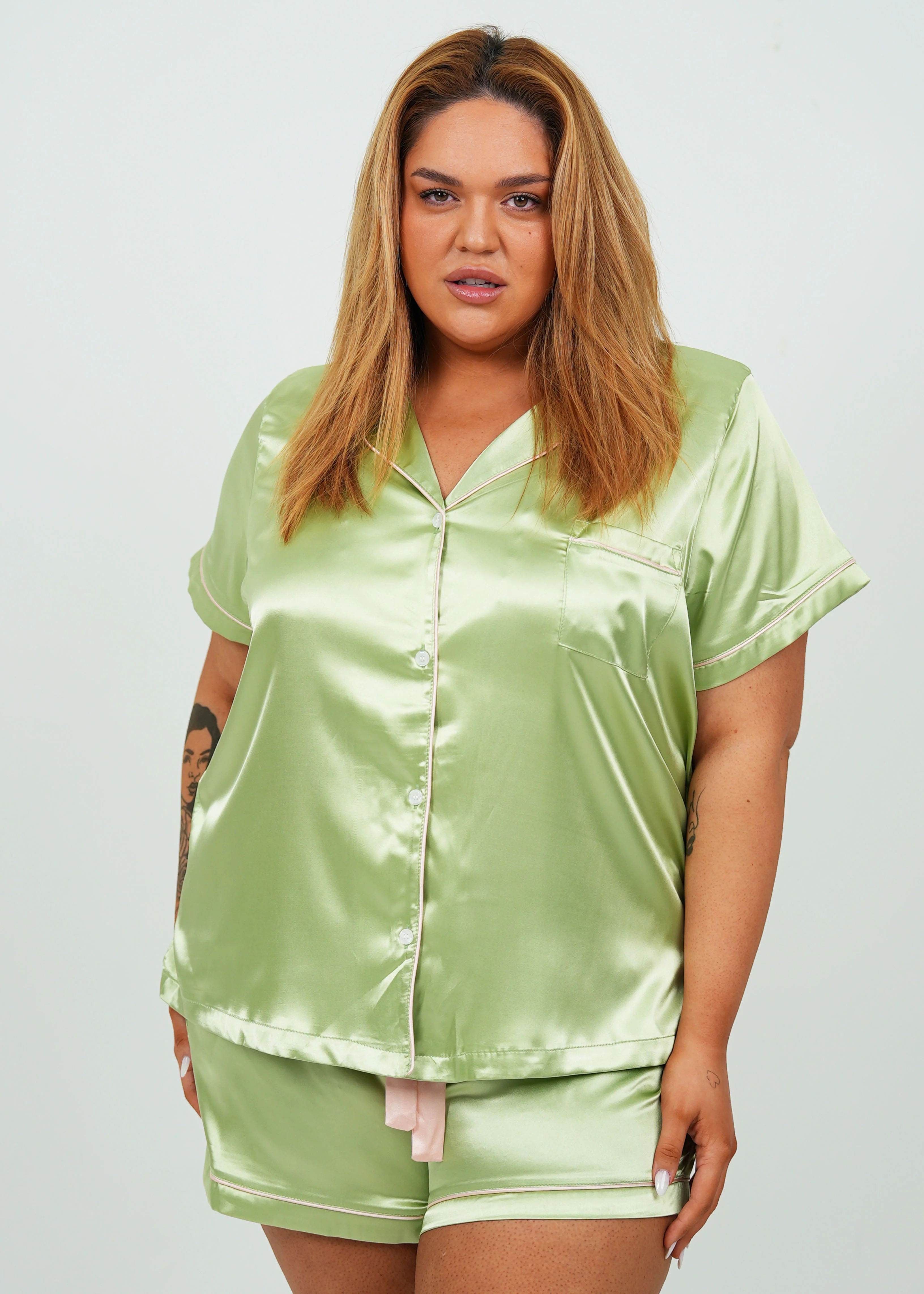 Womens Sage Green Satin Short Pajama Set - Image 10