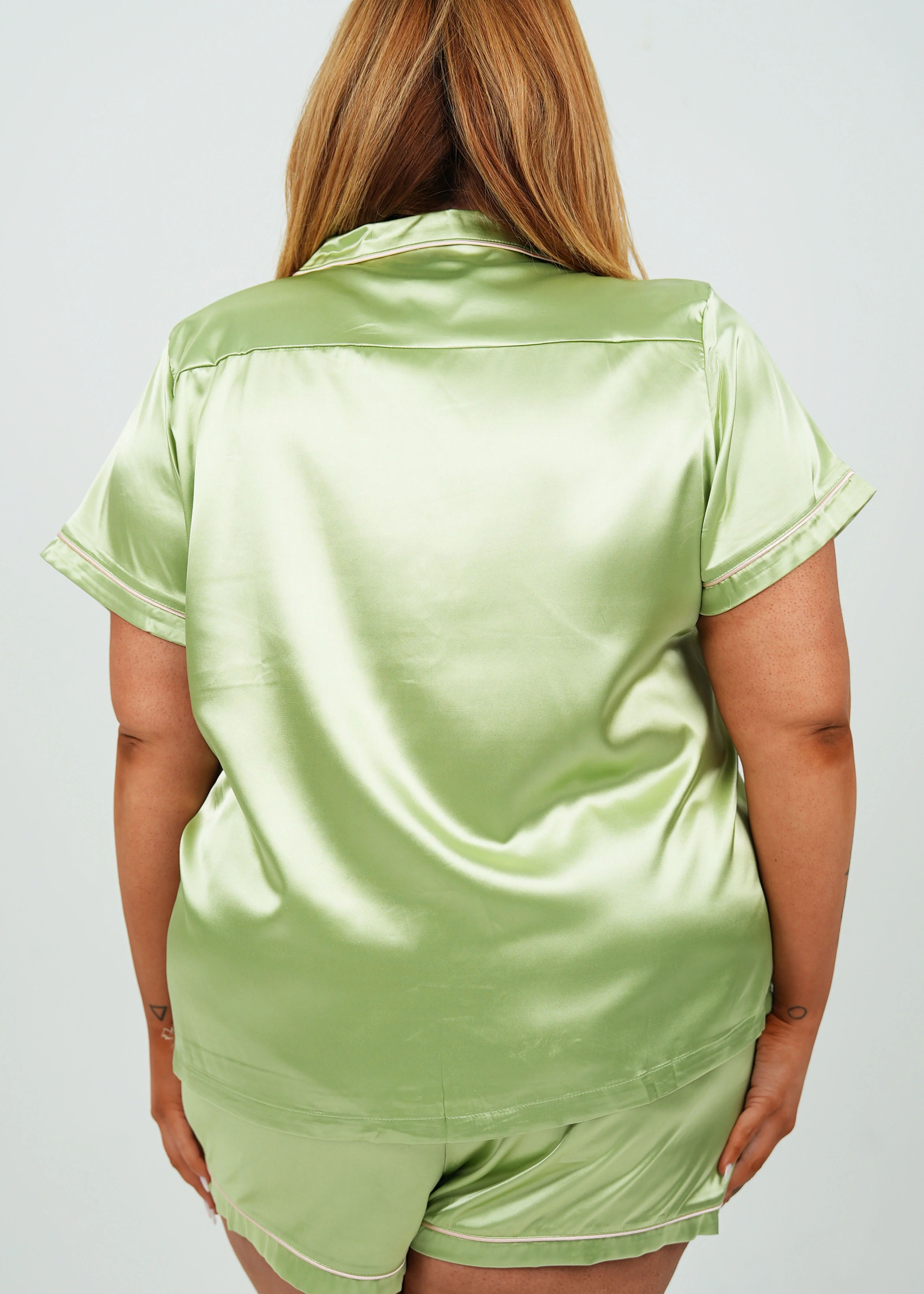 Womens Sage Green Satin Short Pajama Set - Image 8