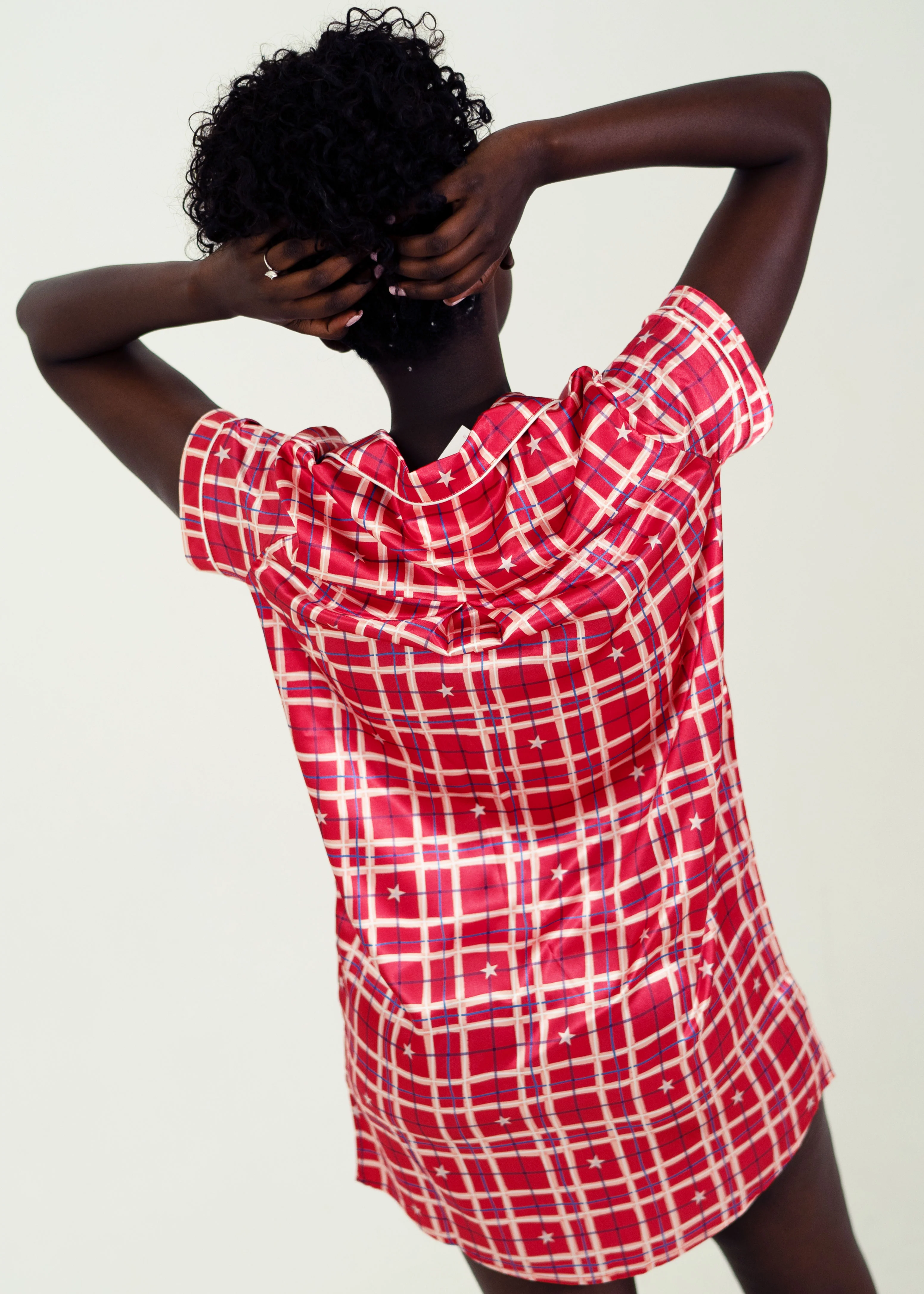 Womens Starry Tartan Red Satin Night Shirt - Image 3