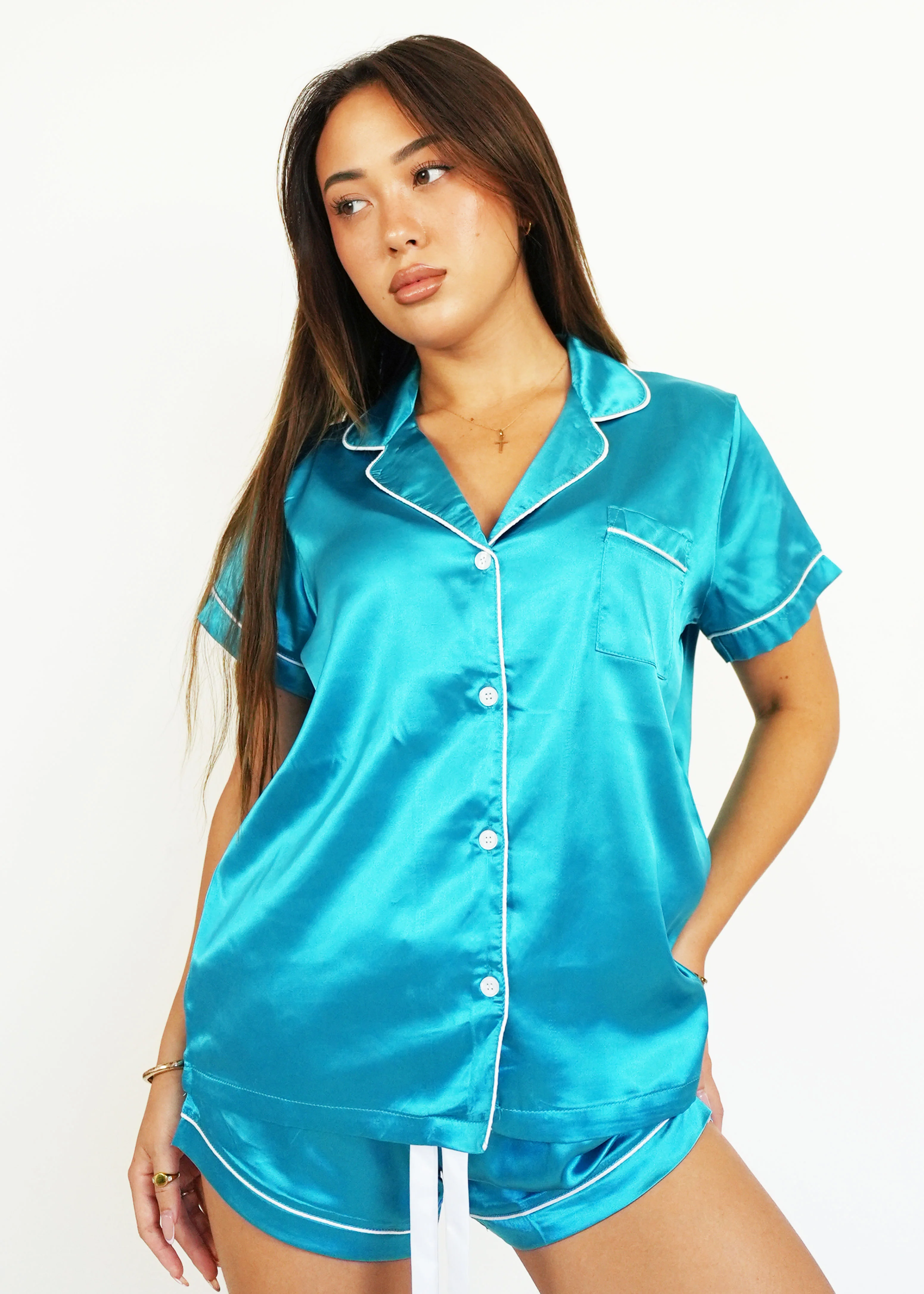 Womens Turquoise Satin Short Pajama Set