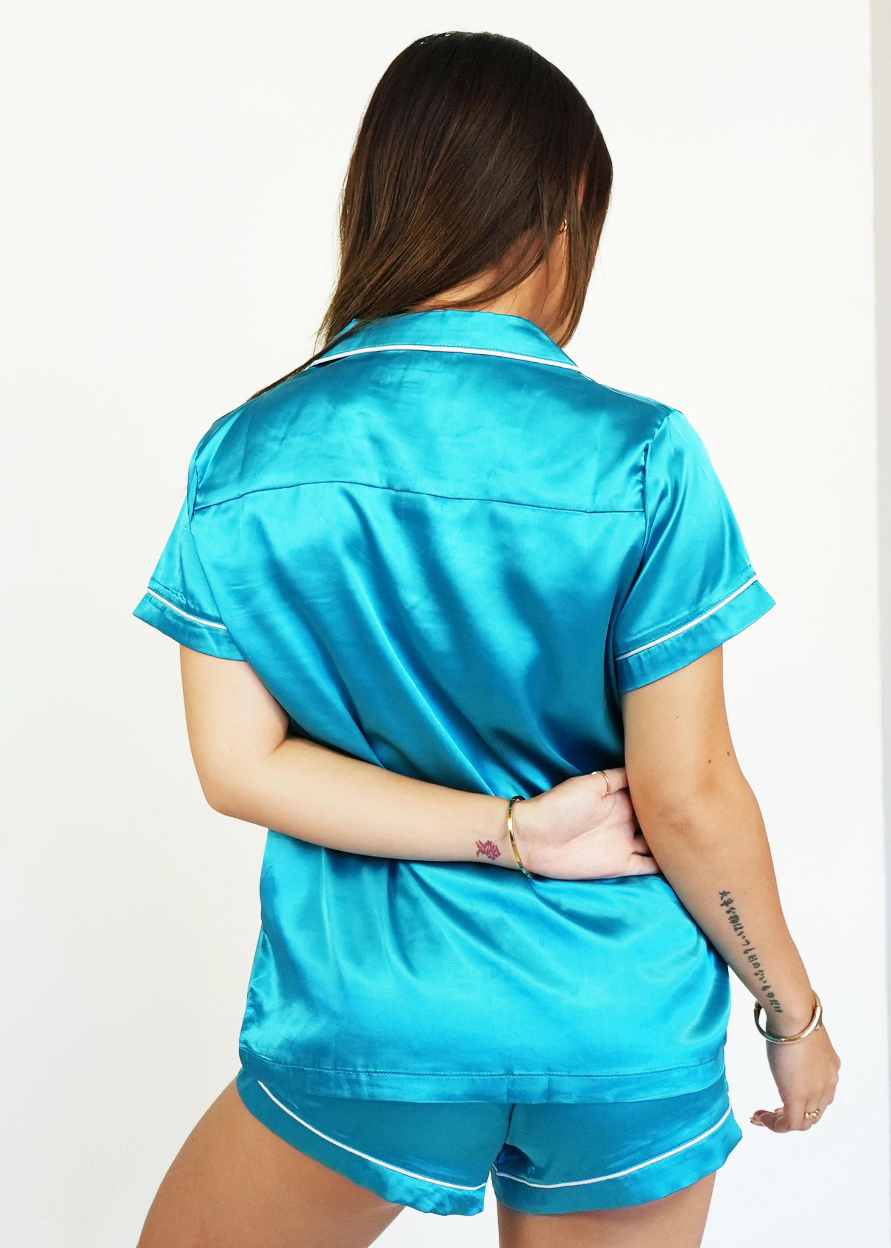 Womens Turquoise Satin Short Pajama Set - Image 4
