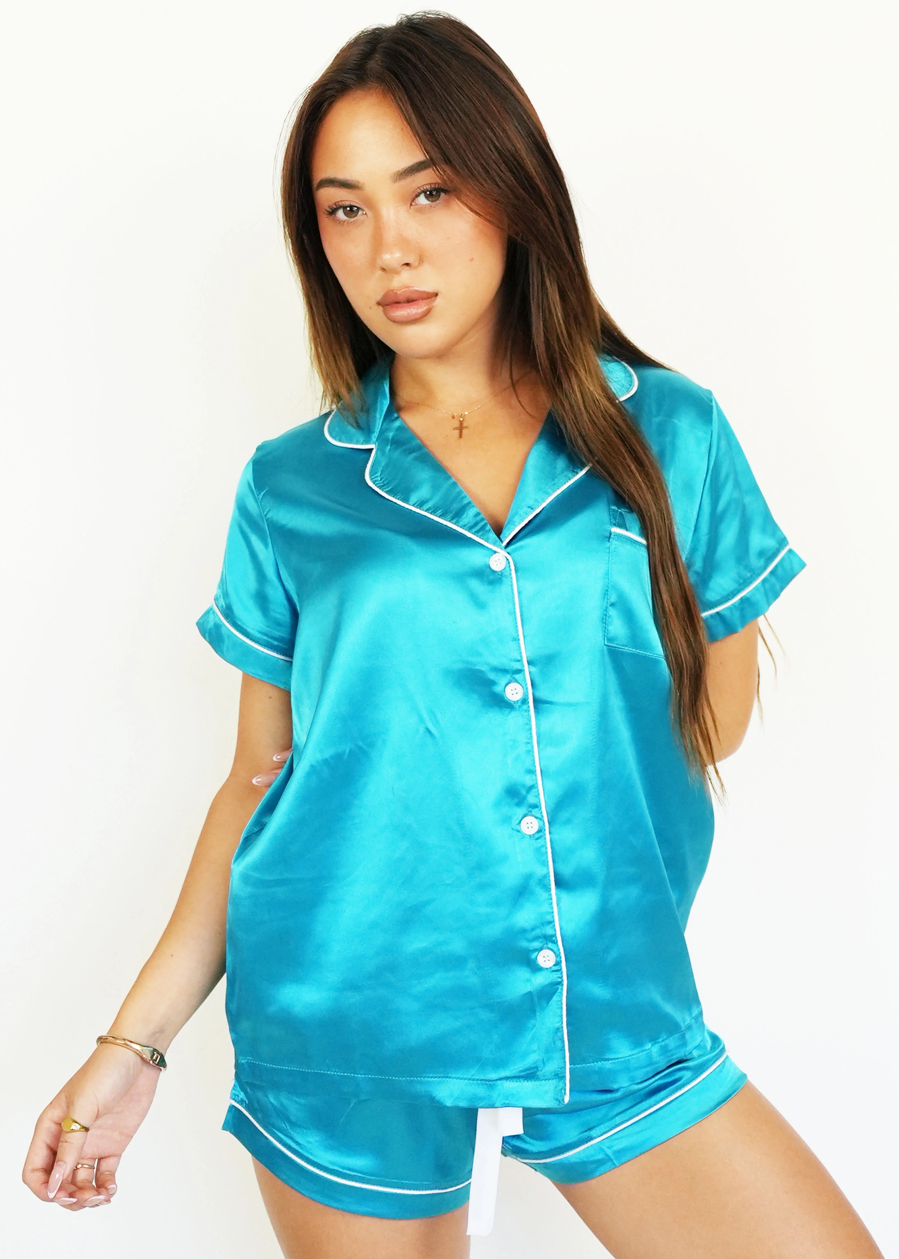 Womens Turquoise Satin Short Pajama Set - Image 5