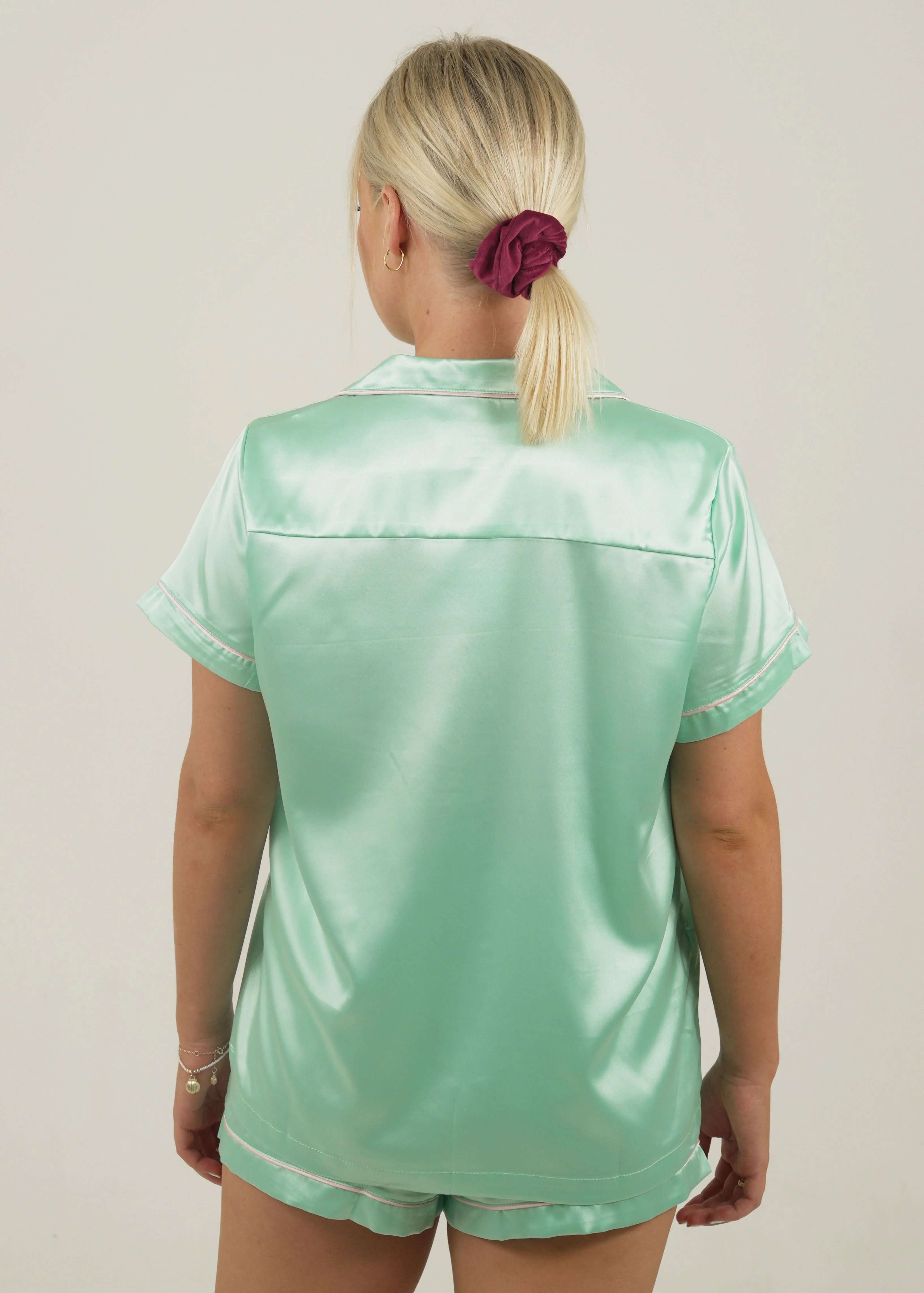 Womens Watermelon Green Satin Short Pajama Set - Image 2