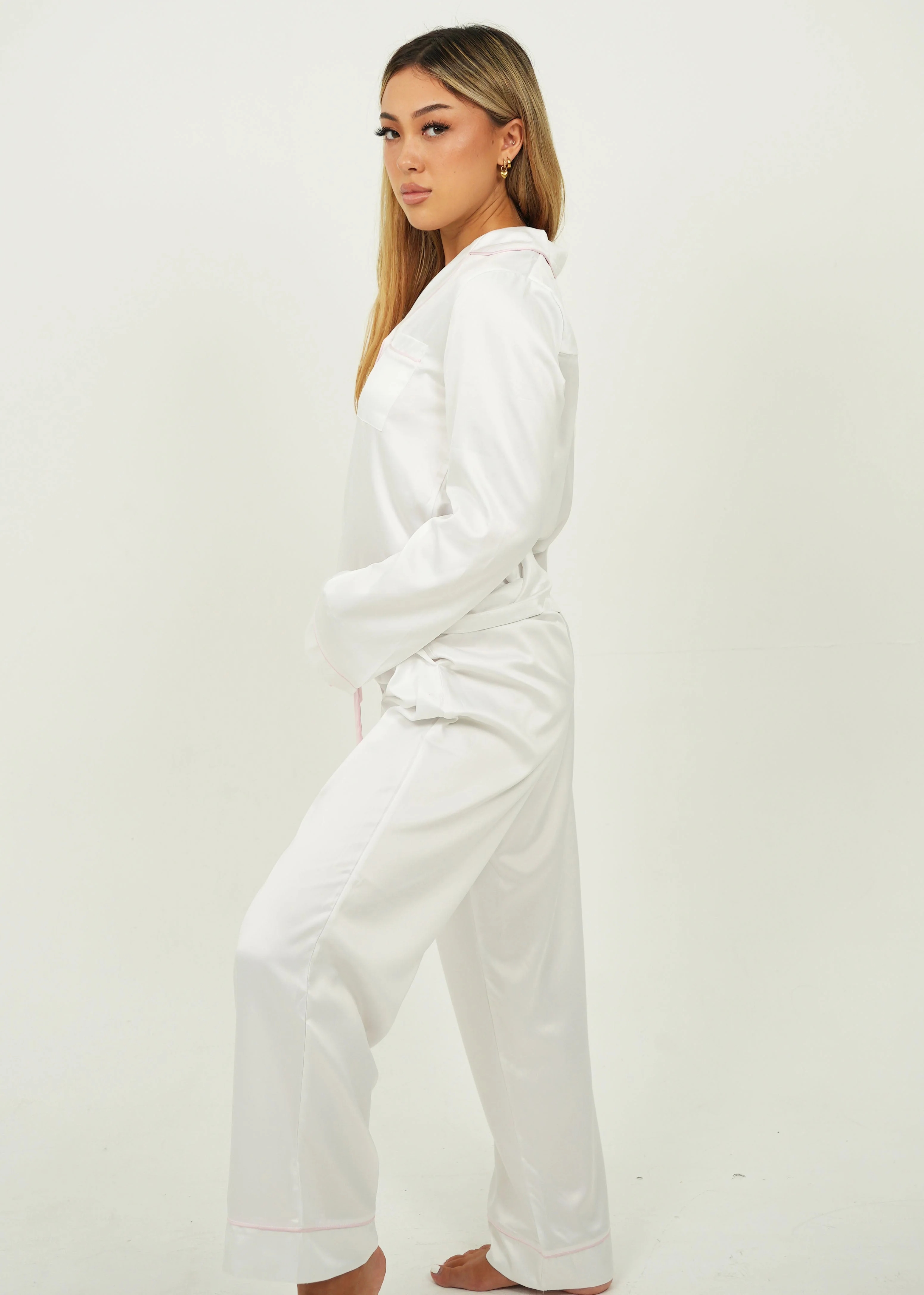 Womens White Matte Satin Long Pajama Set - Image 3