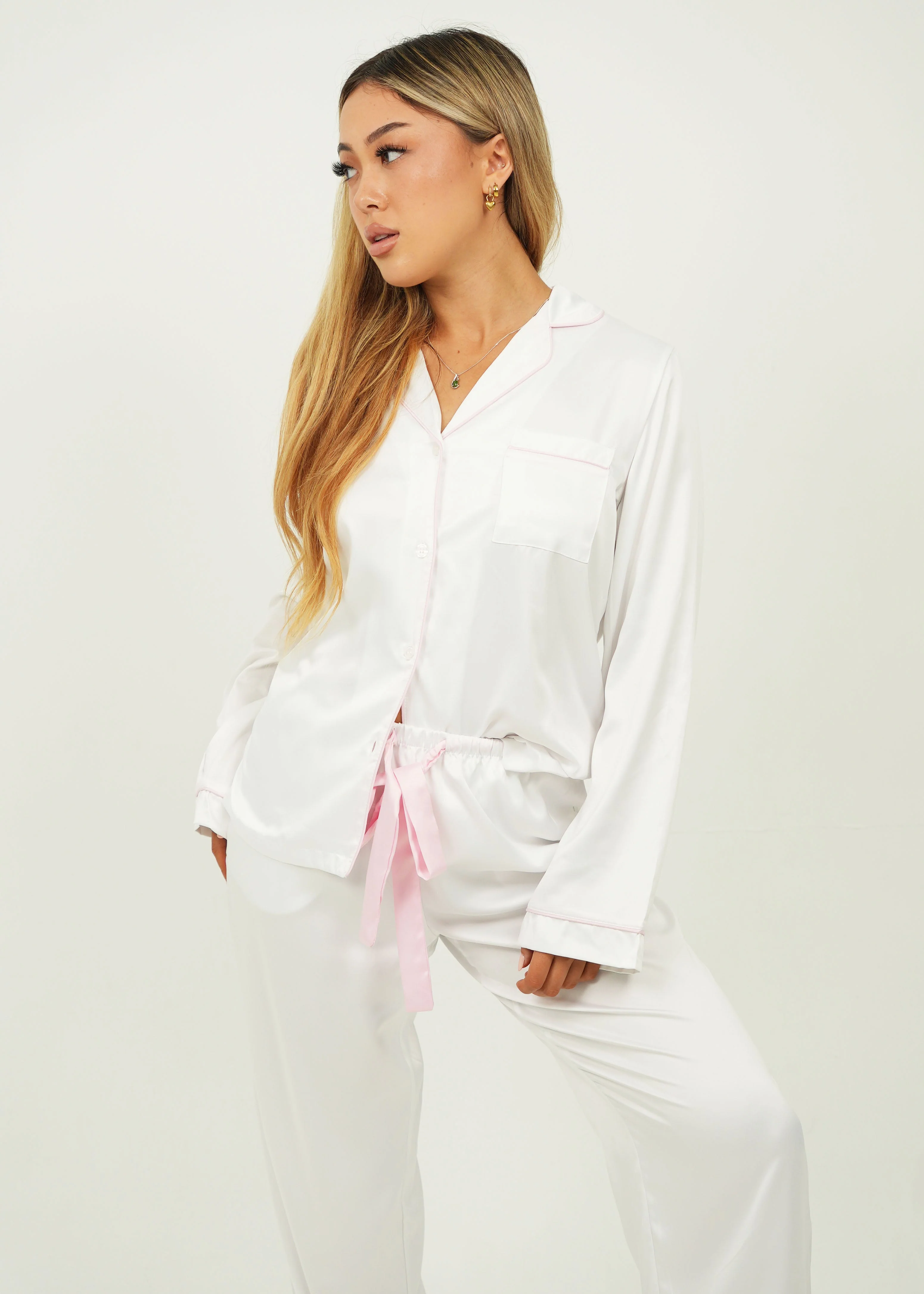 Womens White Matte Satin Long Pajama Set - Image 4