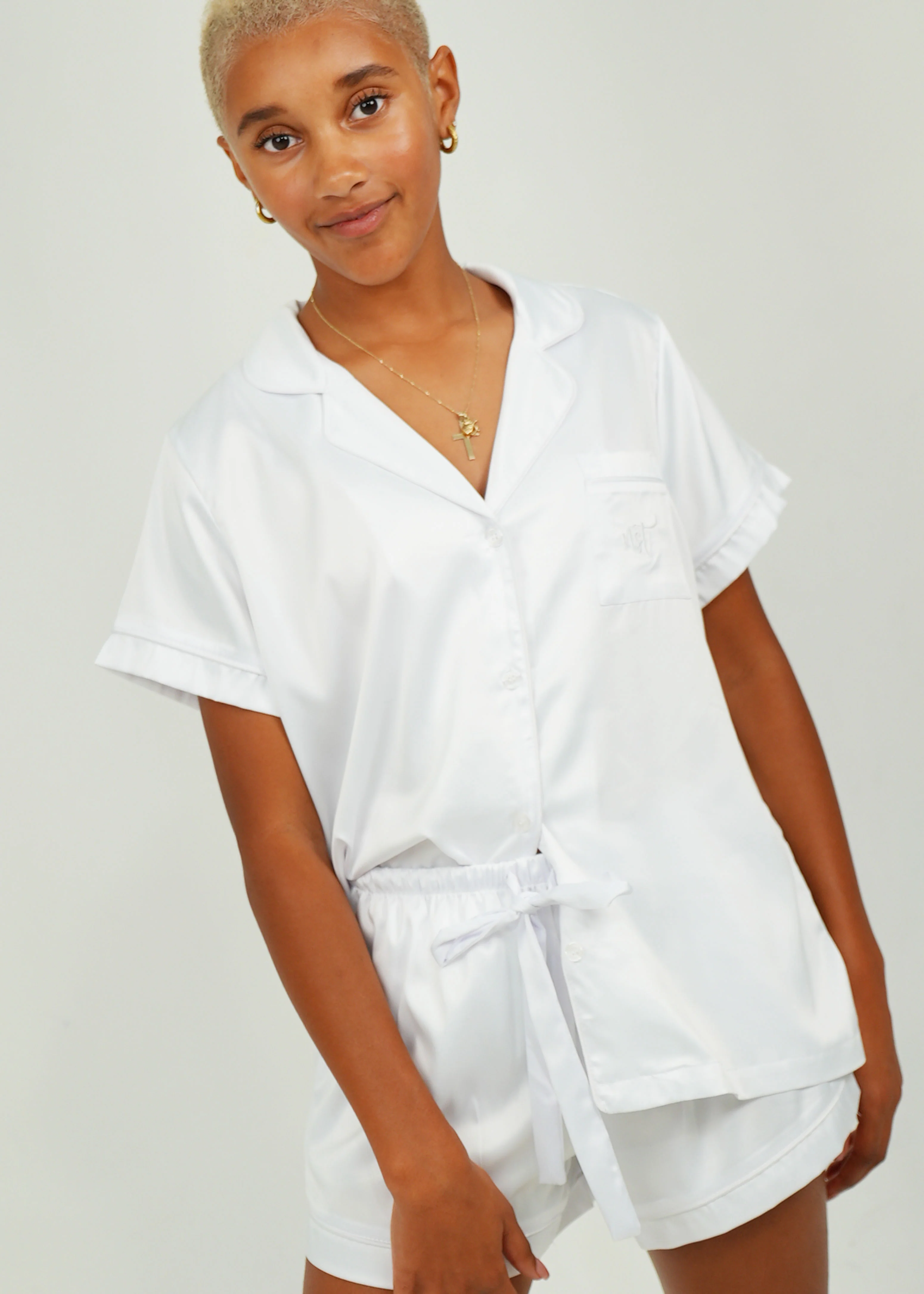 Womens White (With White Piping) Satin Short Pyjama Set