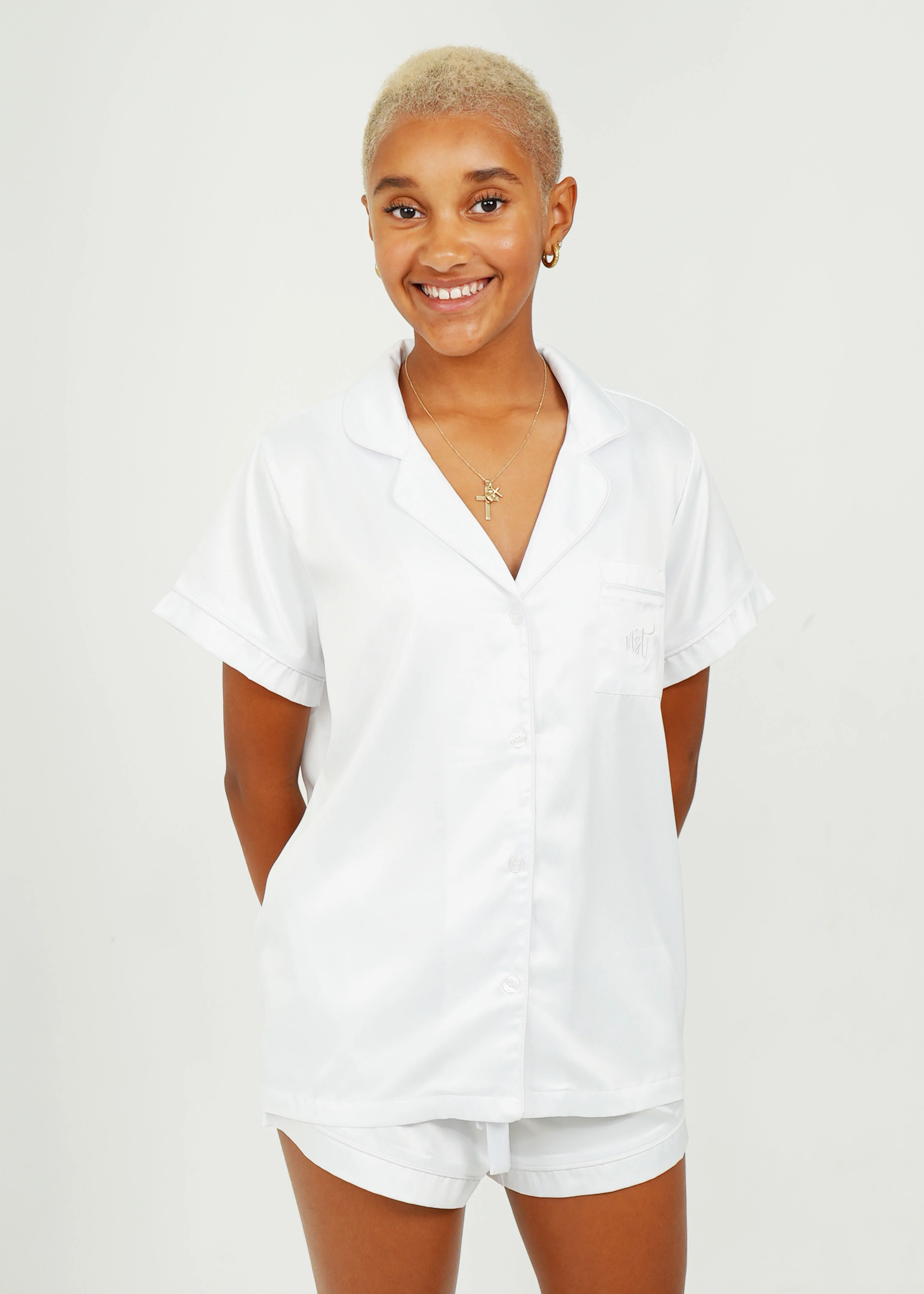 Womens White (With White Piping) Satin Short Pyjama Set - Image 2