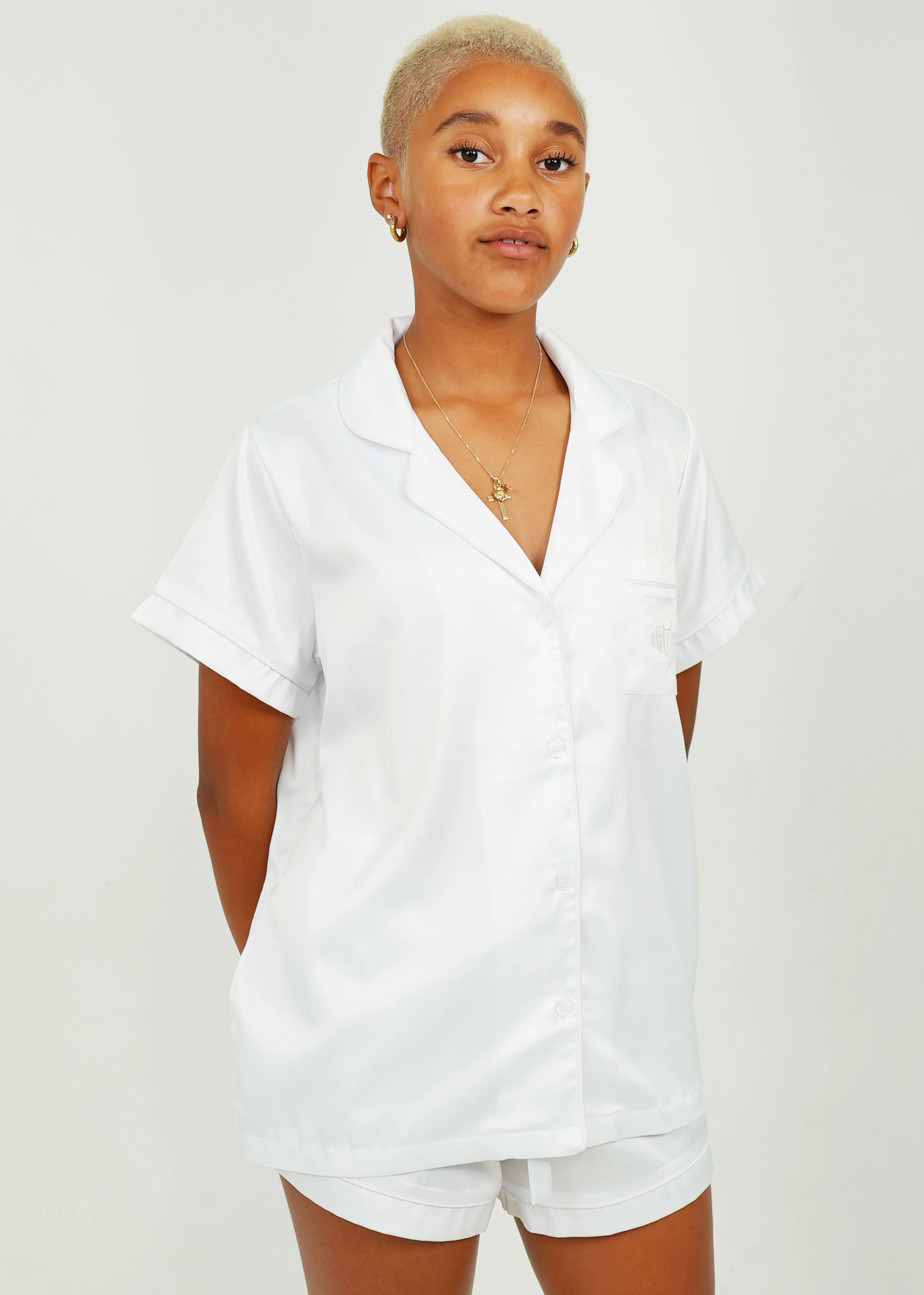 Womens White (With White Piping) Satin Short Pyjama Set - Image 3