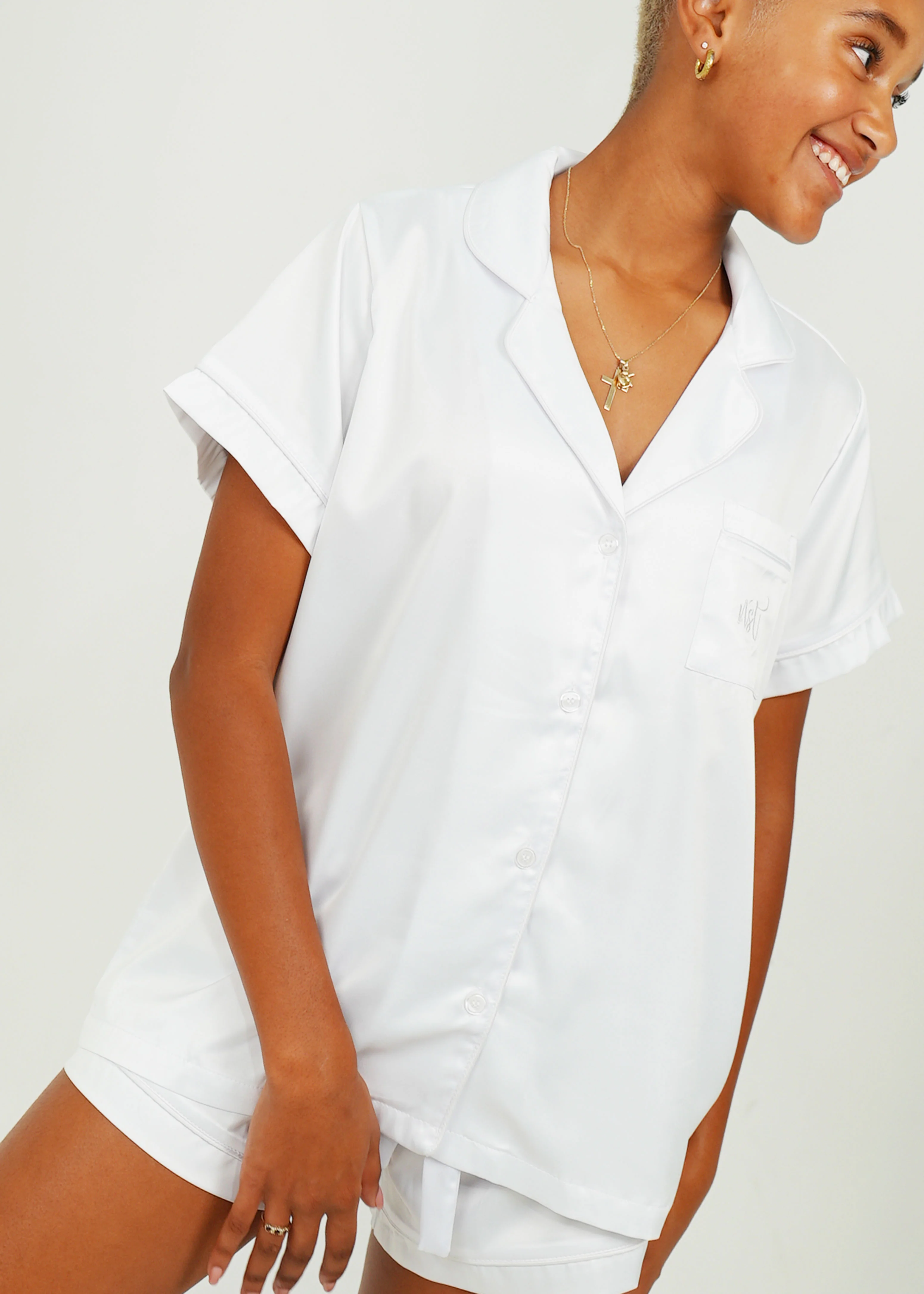 Womens White (With White Piping) Satin Short Pyjama Set - Image 6