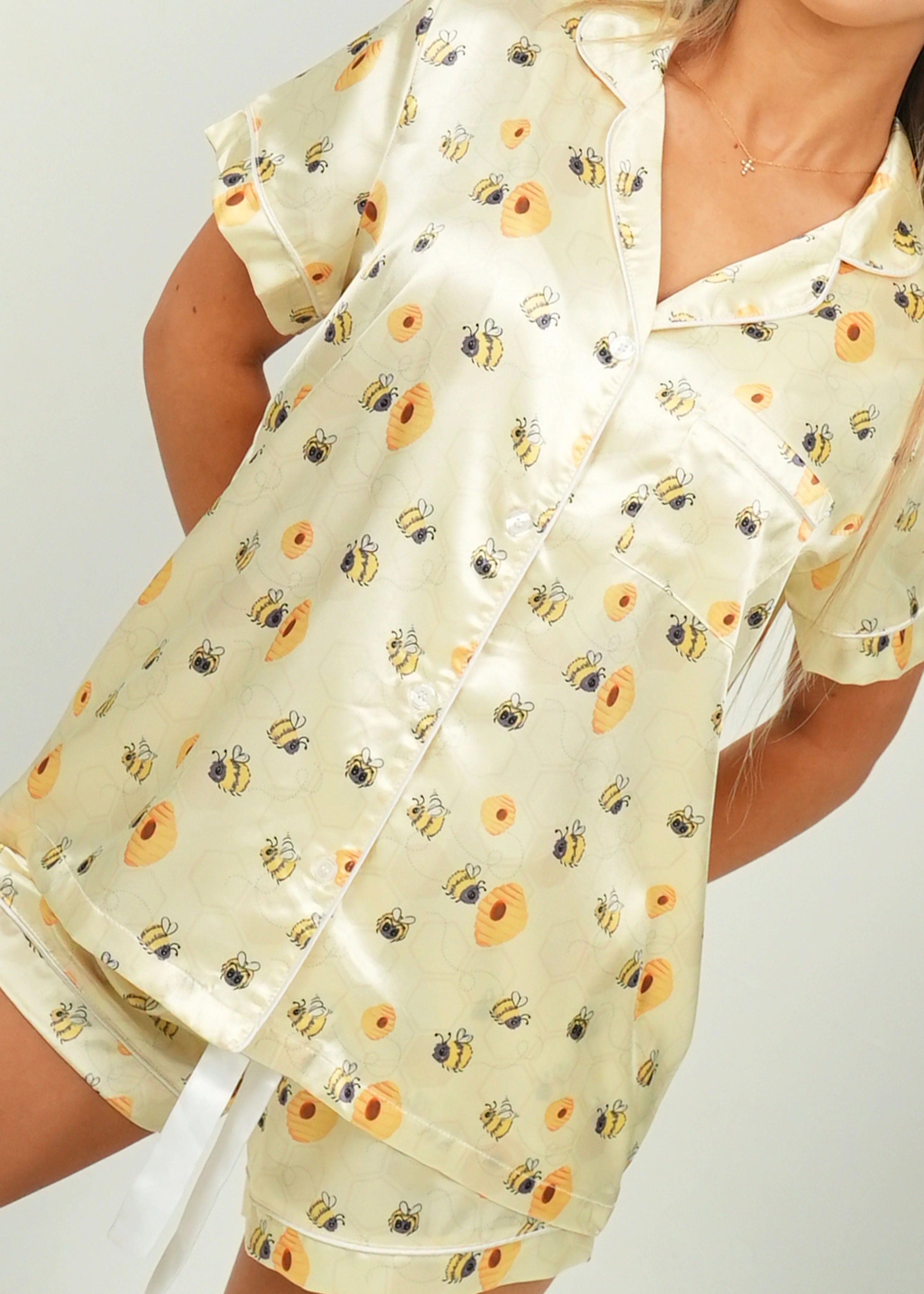 Women's Yellow Bumble Bees Short Satin PJ Set - Image 2