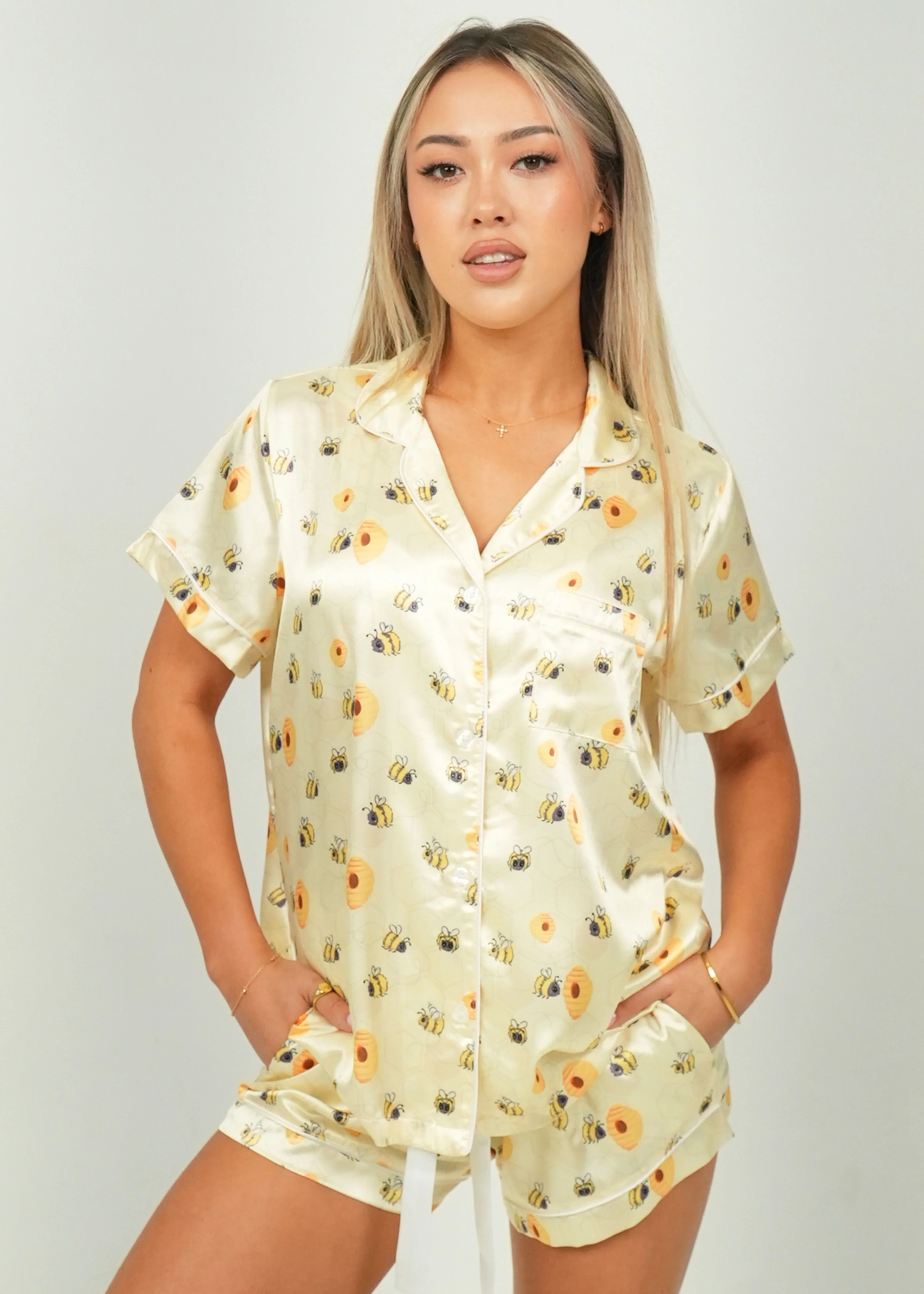 Women's Yellow Bumble Bees Short Satin PJ Set - Image 3