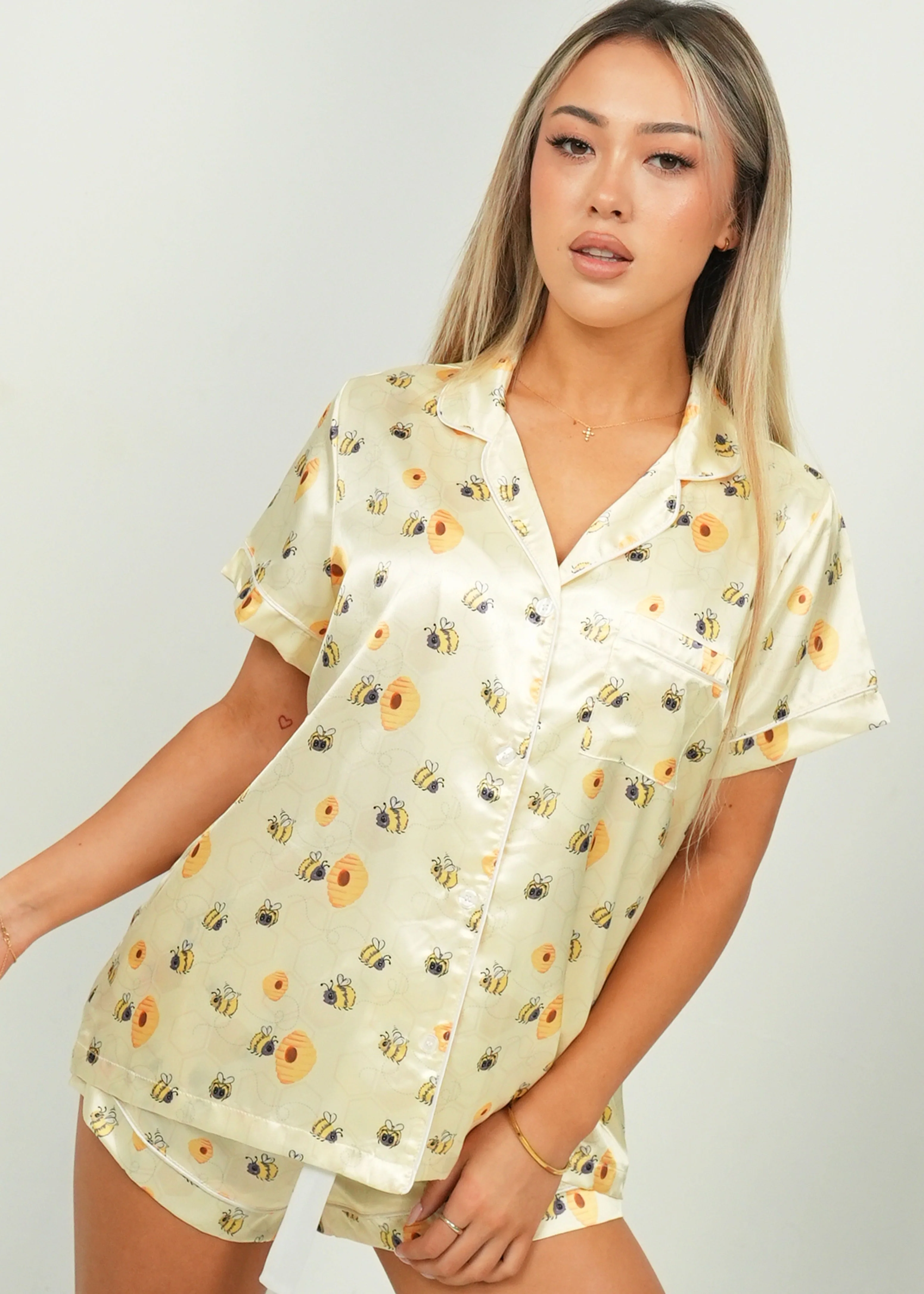 Women's Yellow Bumble Bees Short Satin PJ Set - Image 5