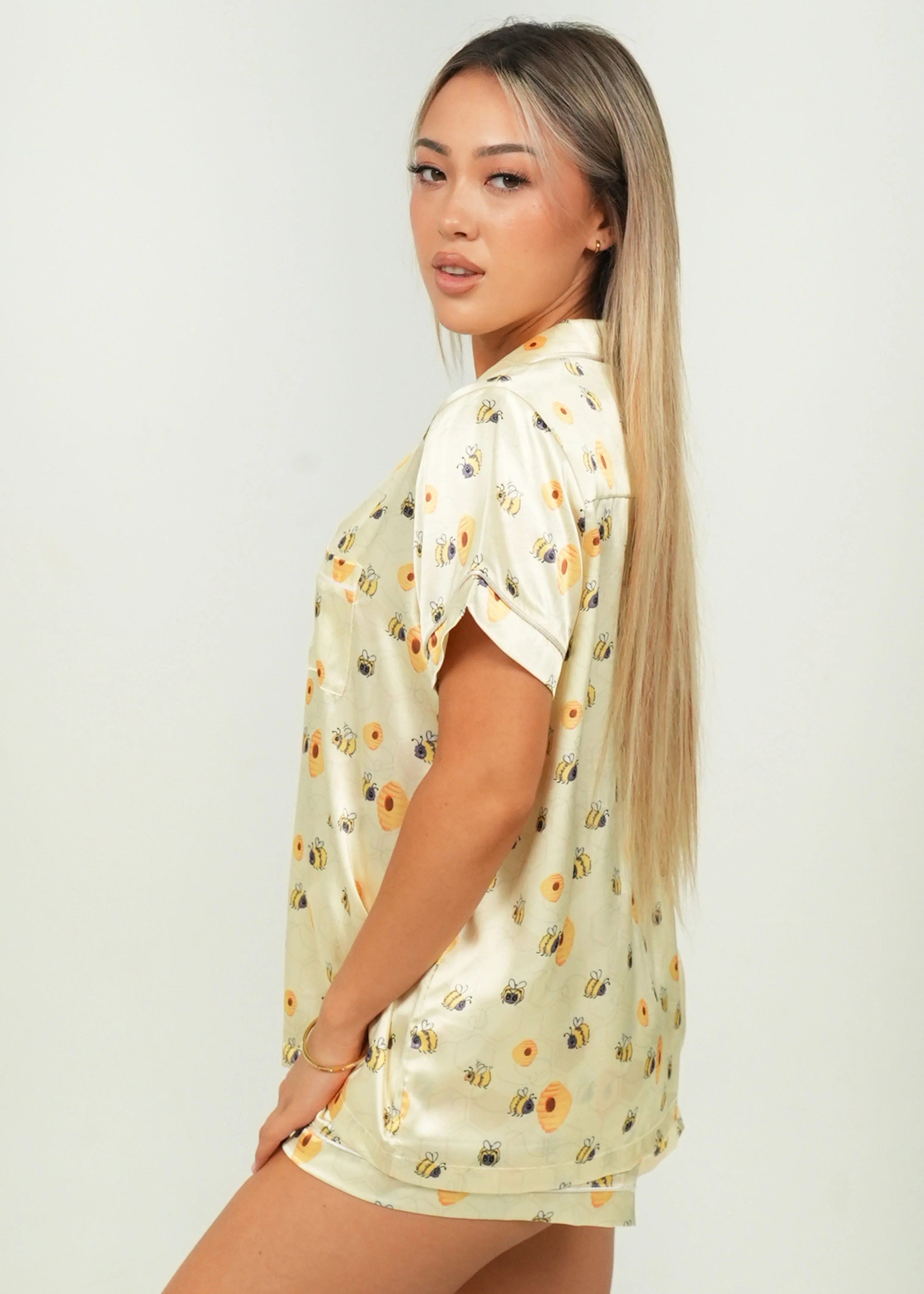 Women's Yellow Bumble Bees Short Satin PJ Set - Image 6