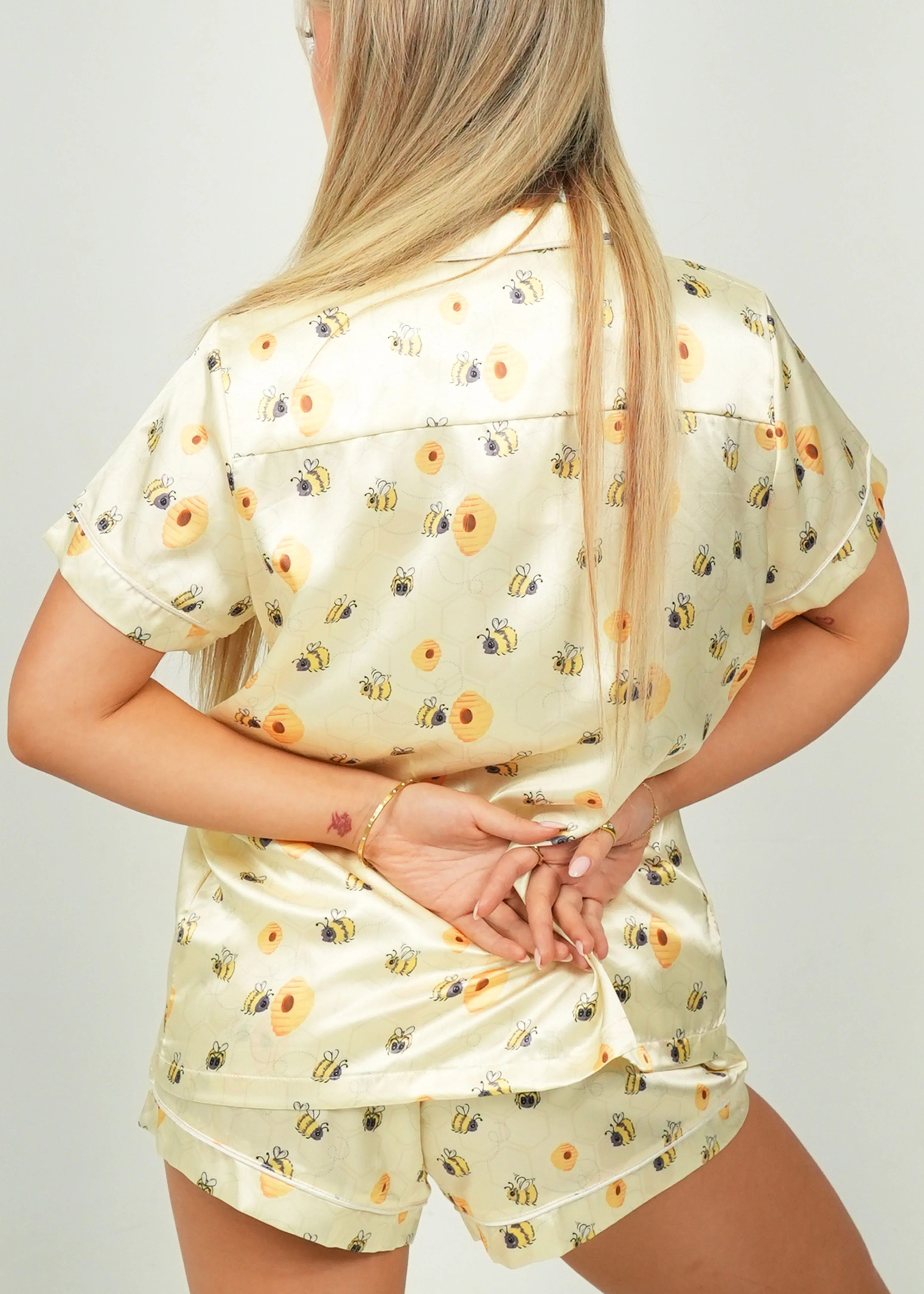 Women's Yellow Bumble Bees Short Satin PJ Set - Image 7